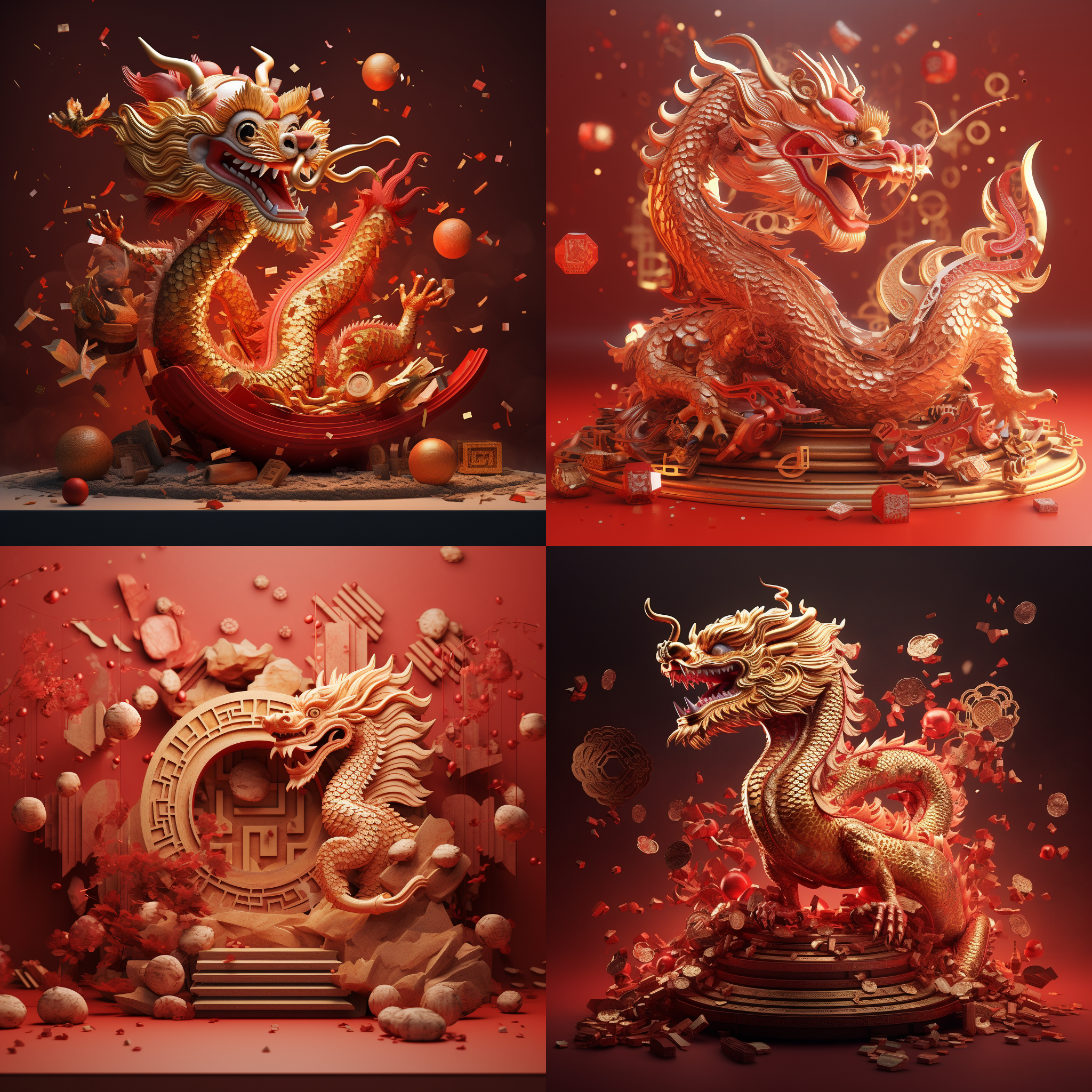 红色背景，一只木质龙占据画面的一个角落，中国新年元素，散落的钻石，光影感觉，3d渲染，逼真。