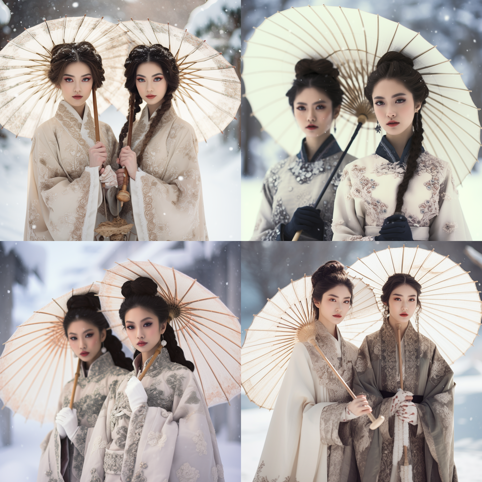 中国风美人婀娜多姿地打着伞，站在雪中。构图对称，古典东方风格，大气磅礴的山水背景，轻柔色调，长焦镜头，逆光，静态，优雅。