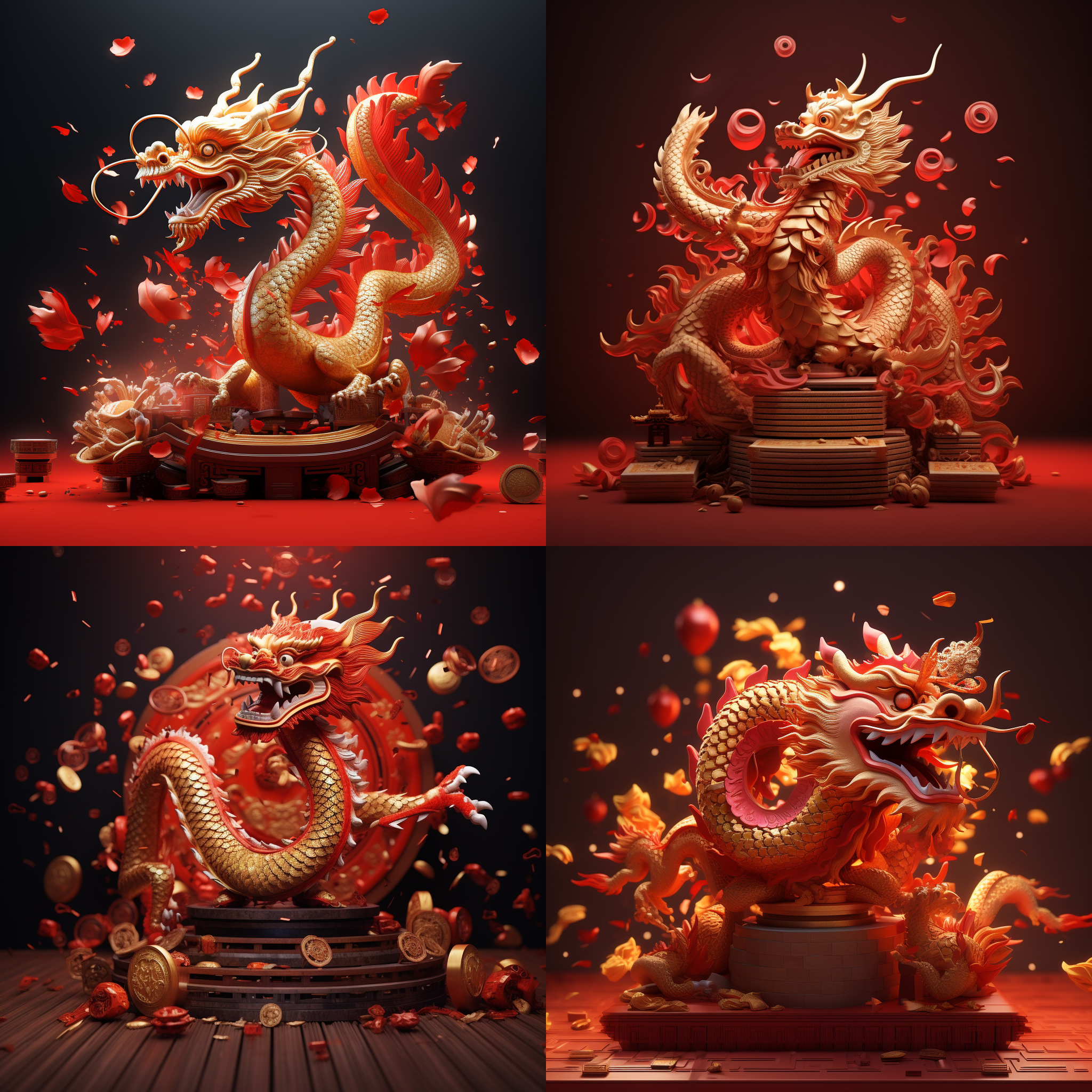 红色背景，一只木质龙占据画面的一个角落，中国新年元素，散落的钻石，光影感觉，3d渲染，逼真。