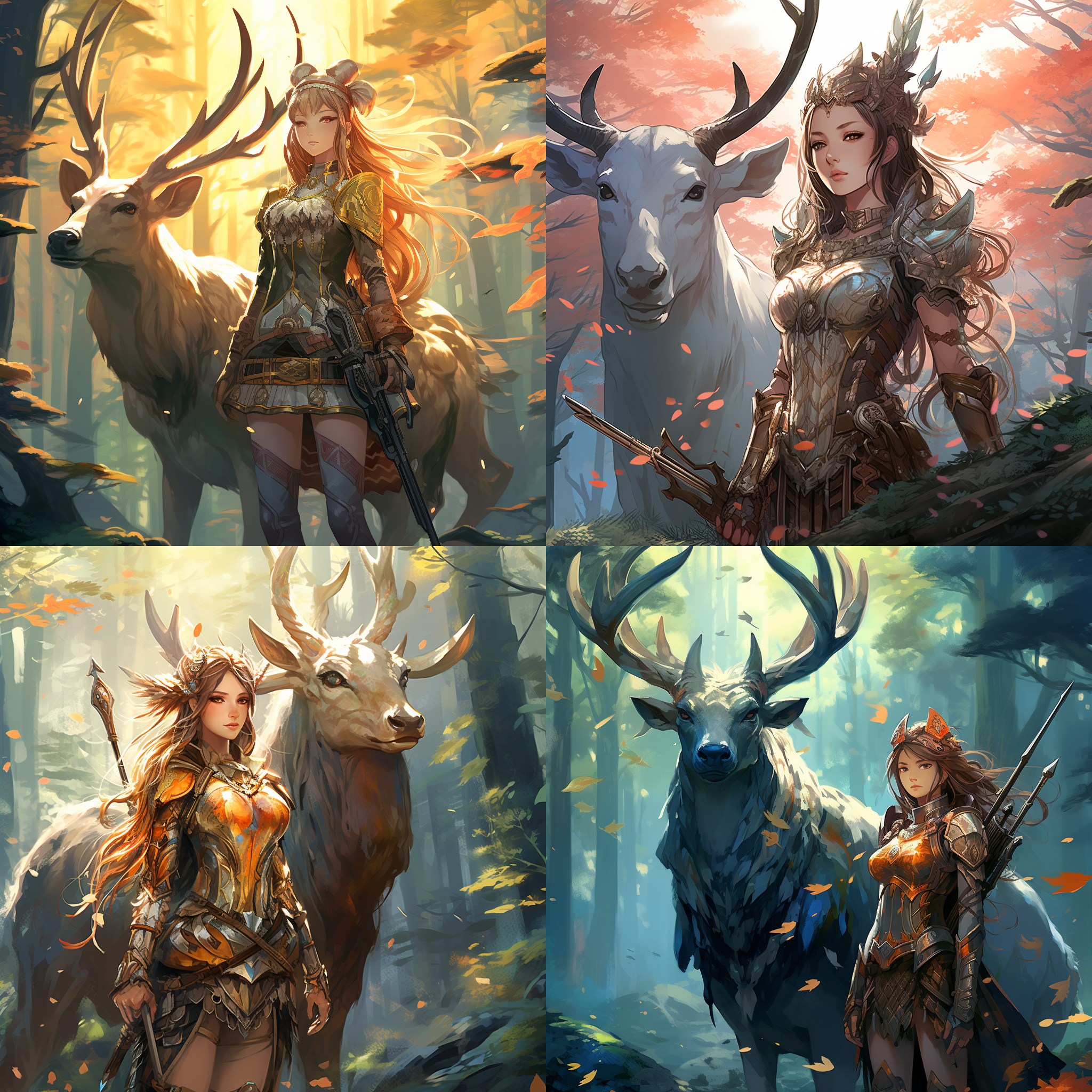 二次元少女战士英姿飒爽地站在明亮的森林中，身后是一只优雅的麋鹿。构图对称，使用广角镜头，色彩鲜艳，背景细节丰富。少女战士面带自信微笑，眼神坚定，展现出勇敢和力量。