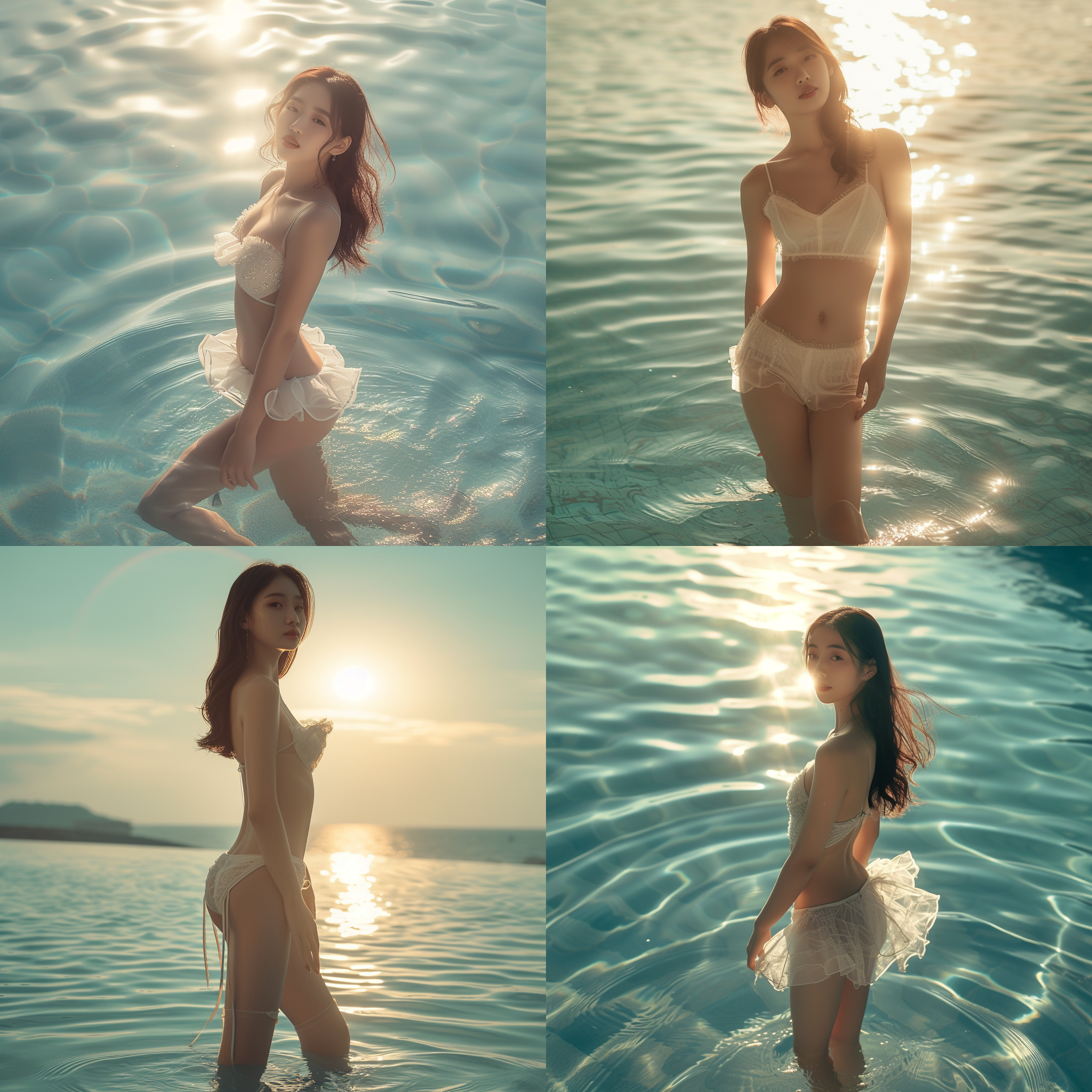 8k画质，中国绝世美女全身照。对角线布局，明亮色彩和柔和光线，突显出她的迷人风采和自信。五官端正的长腿少女在阳光下展现出苗条的身材，站在沙滩边，穿着丝袜和高跟鞋。泳池中的水波荡漾，为画面增添了动感。高清细节捕捉，迷人的表情、姿态，吸引人眼球。