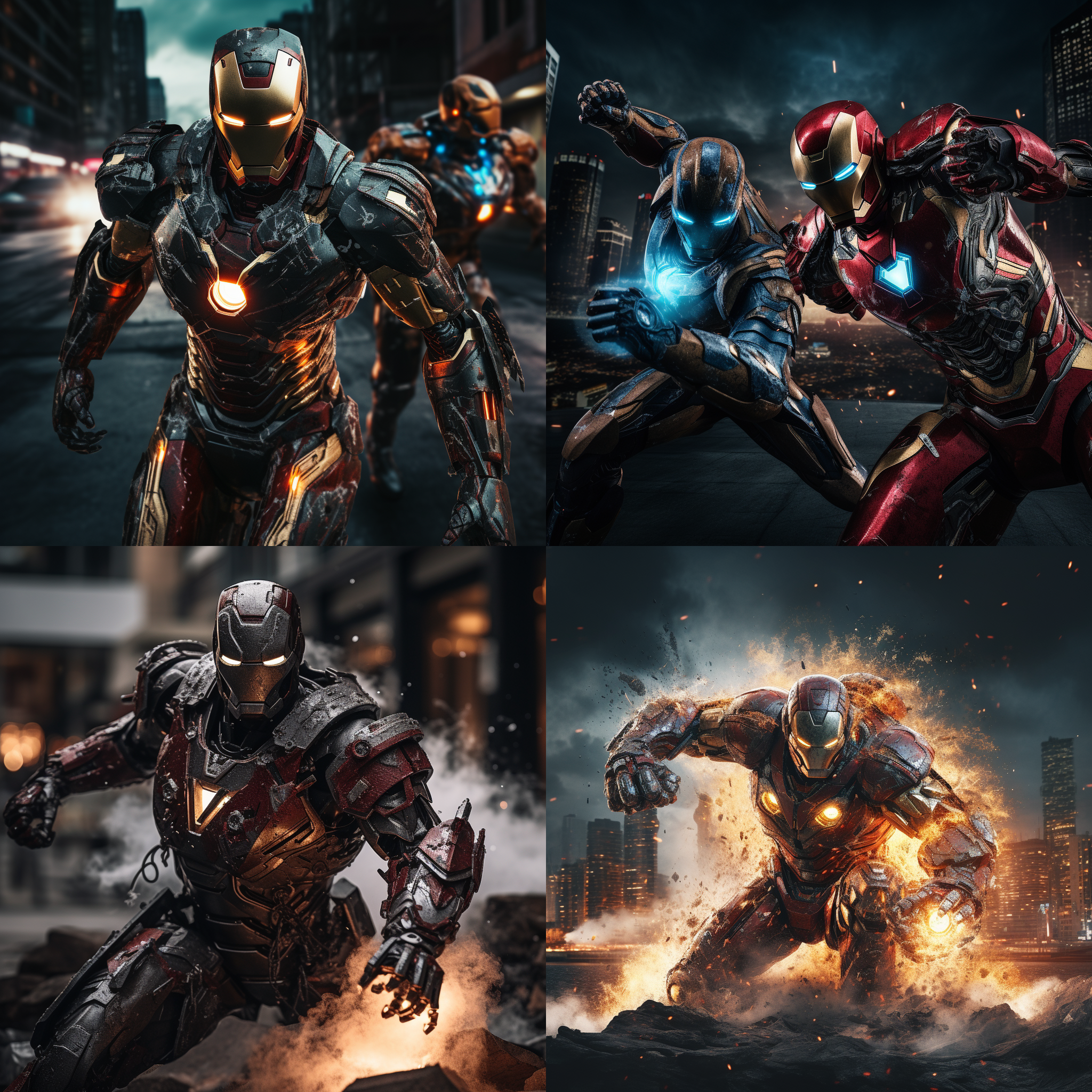钢铁侠对决，城市背景，黑暗色调，宽屏幕比例，广角镜头，高光对比度，动态姿势，飞行，火焰特效，金属质感，紧张刺激。