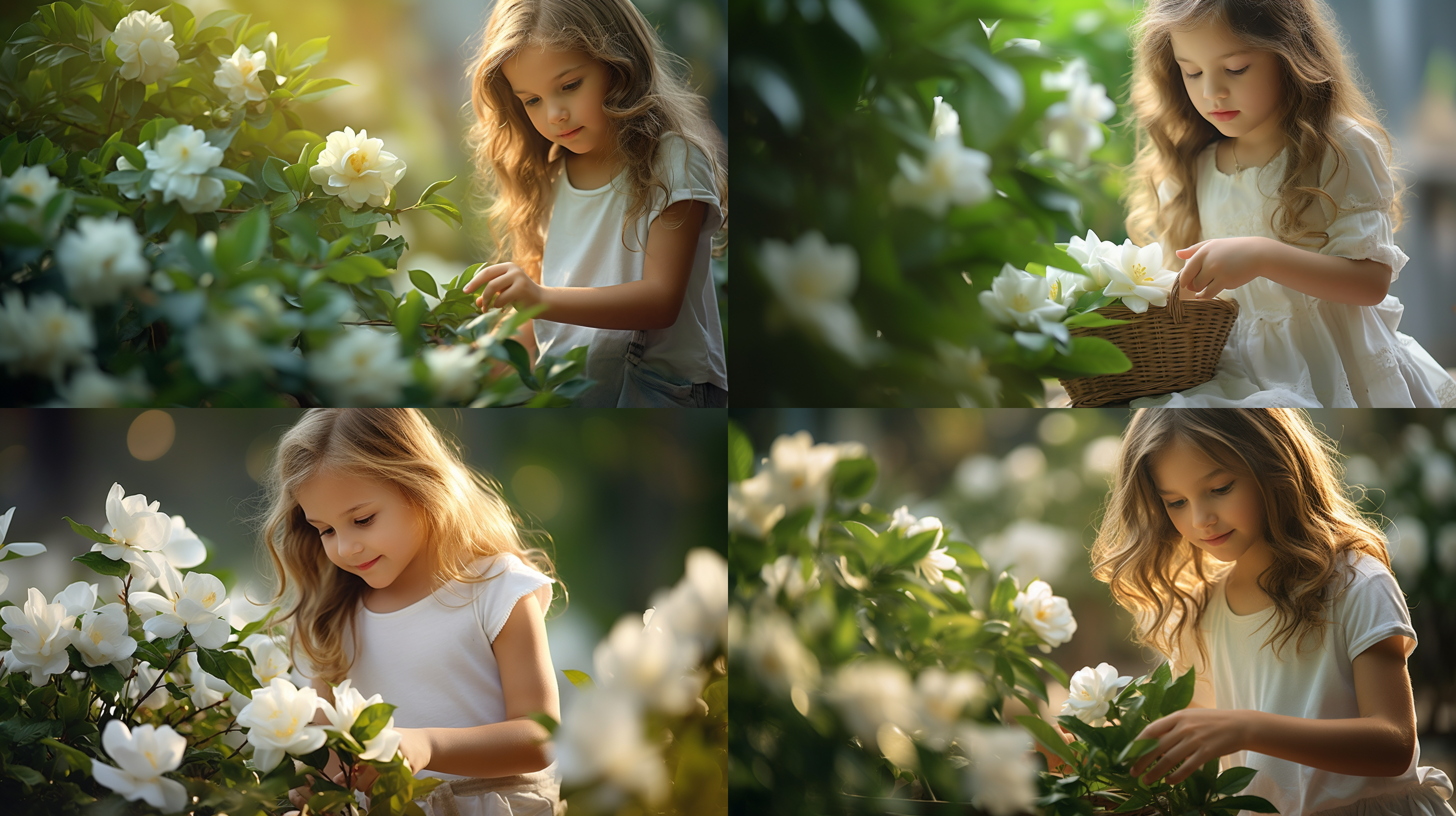 mj6.0，摘白色栀子花的小女孩，呆萌，稚嫩，开心，快乐，绿叶，朦胧氛围，中心构图，浅景深，自然光，微笑，纯真，清新色彩。