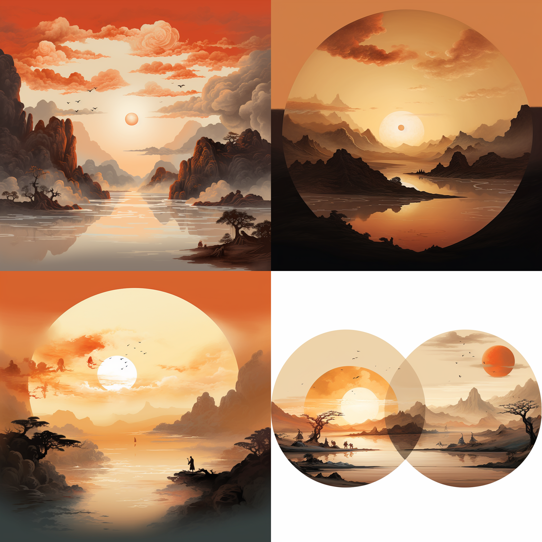 大漠孤烟直，长河落日圆， 沙漠 圆圆的落日 炊烟 古代中国画风 壮美