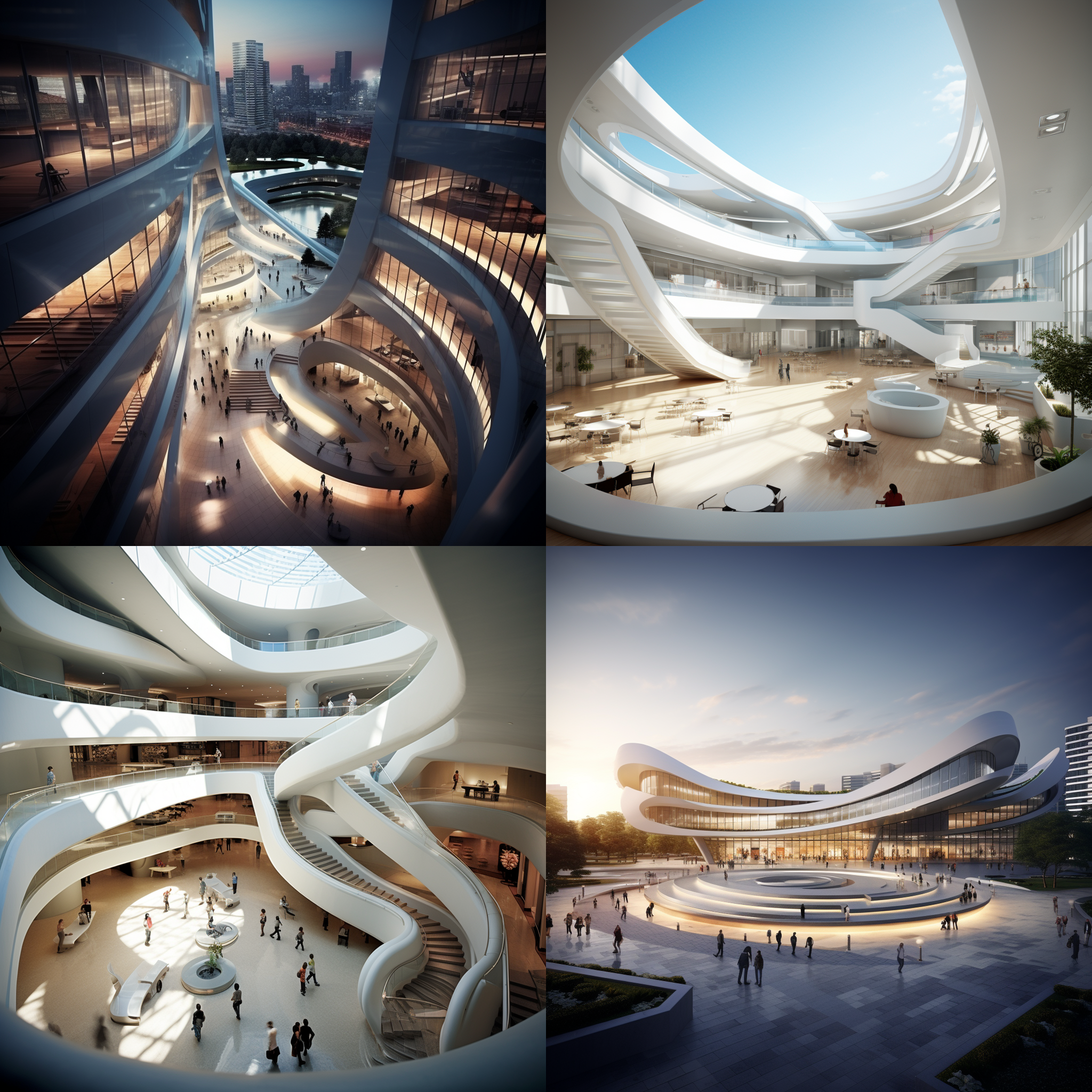 设计的主题是按现在这个设计出几个不同角度视角。照片以透视的方式展示了一个现代化建筑的外观，采用鸟瞰角度和鱼眼镜头，突出了建筑的线条和结构。整个场景采用明亮的自然光线，配以柔和的色调，营造出现代、简洁和开放的氛围。