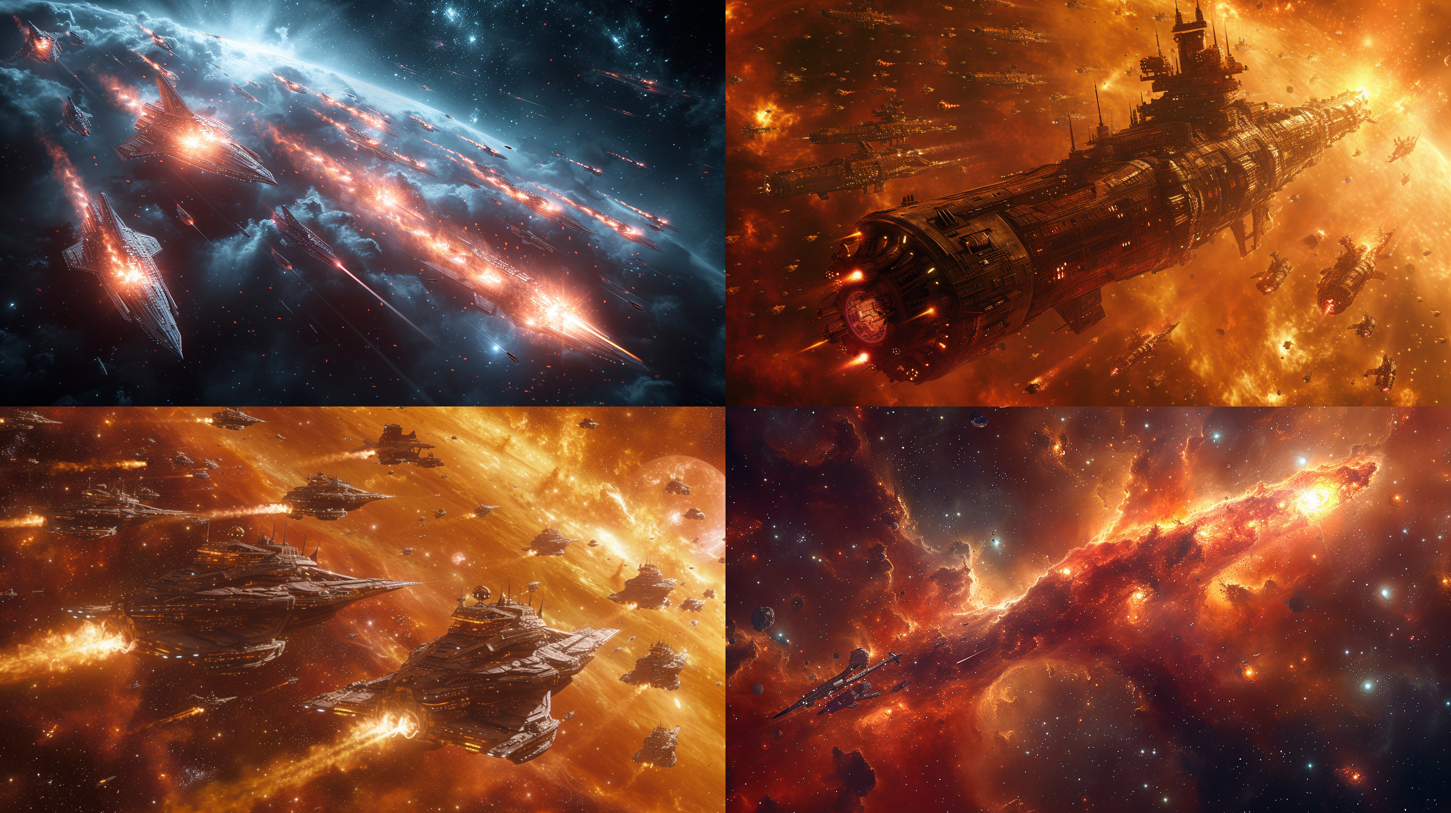 星际战争，太空中的激烈战斗。画面呈对角线构图，配以高饱和度的冷色调。使用长焦镜头捕捉到细节丰富的太空背景，并通过特殊效果增强星际舰队的光芒。战舰间的火力交锋、爆炸与飞行动作，展现出紧张激烈的氛围。