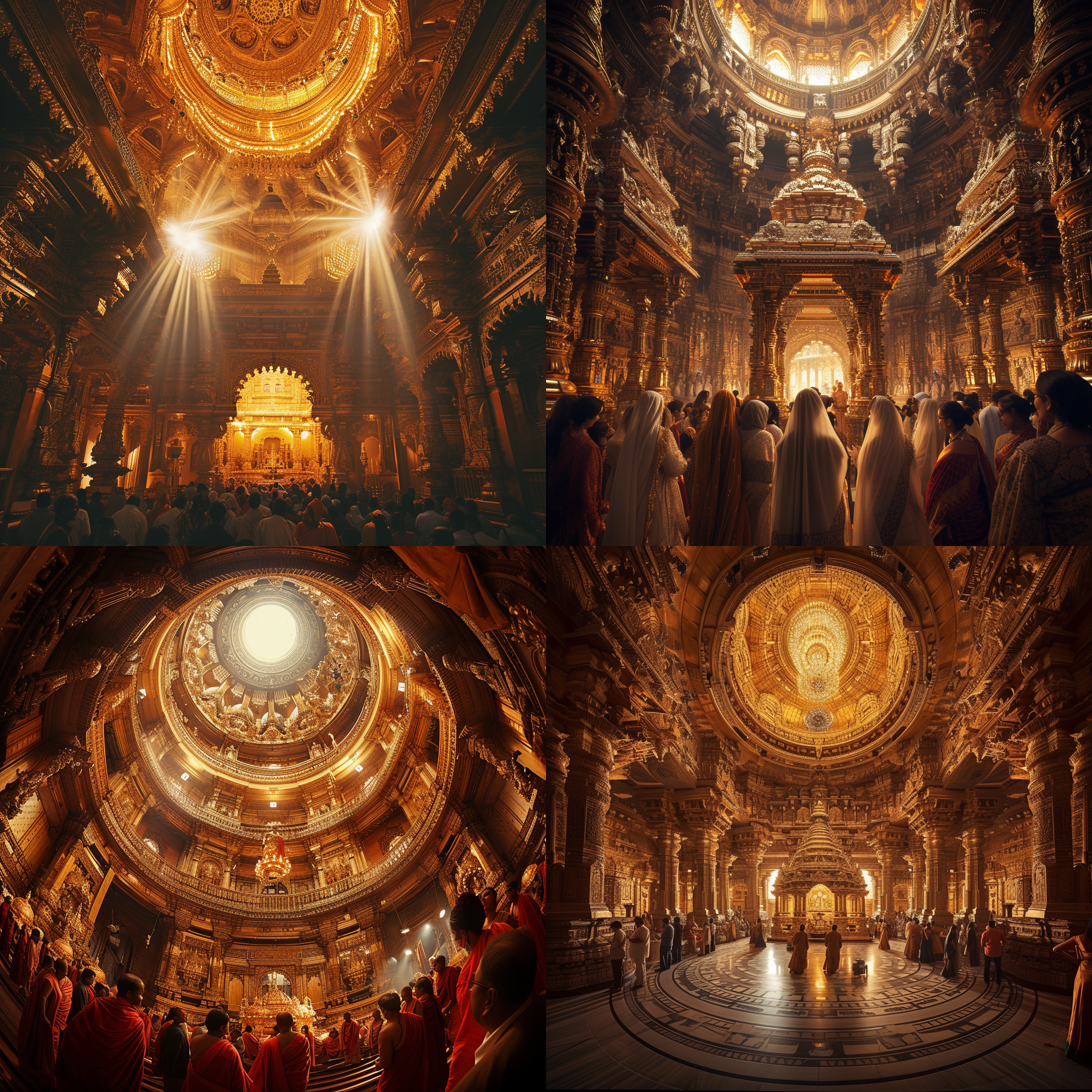 印度神庙，金黄色的建筑，庄严肃穆的氛围，广角镜头，对角线构图，细节丰富，暖色调，柔和光线，人们虔诚地祈祷，抬头仰望，敬畏感，宗教仪式，宏伟壮观。