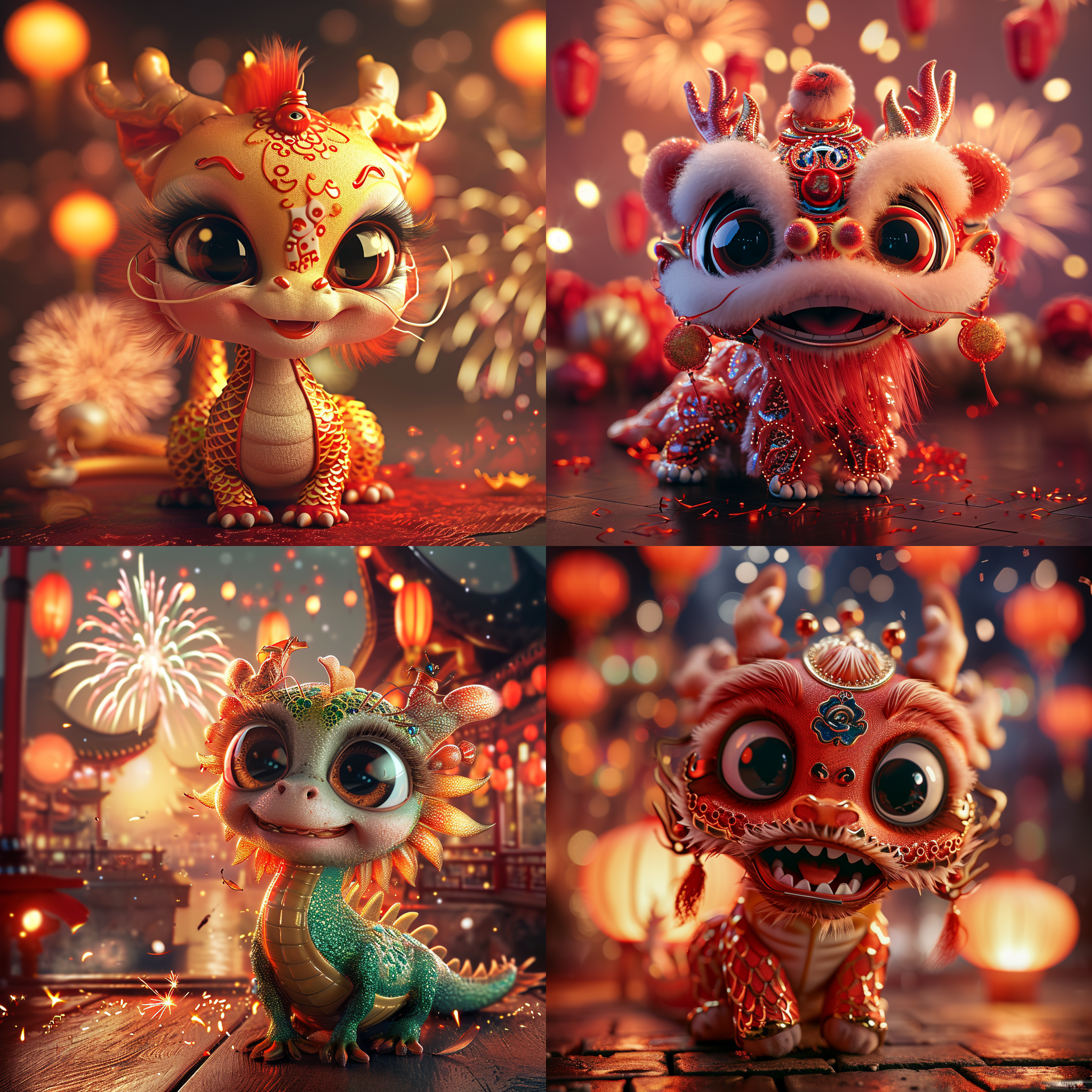 中国龙，大眼睛，可爱的龙宝宝，时尚，微笑，细节丰富，流畅线条，鲜艳色彩，活力，专业静物摄影，徕卡高端相机专业摄影，广角镜头，全景，中国元素，中国风，喜庆，烟花背景气氛，鲜明色彩，全身像镜头，多细节，3d渲染，超写实，现实风格，8k超高清画质。