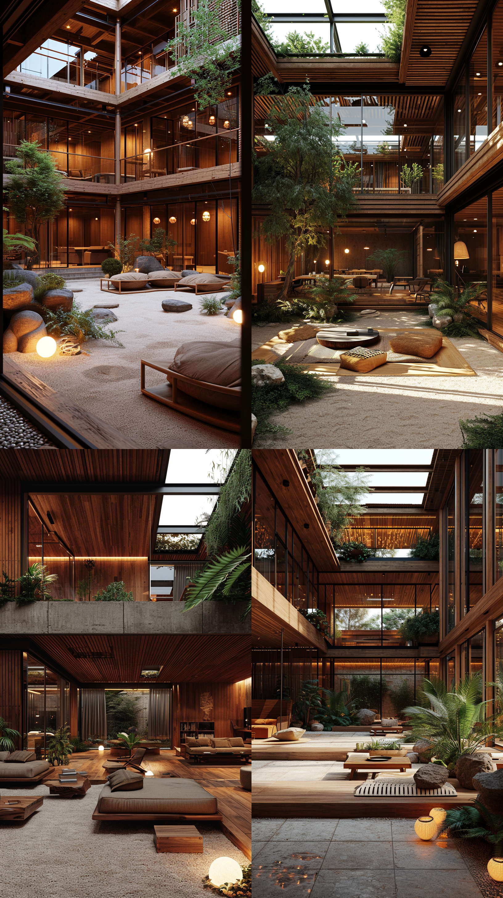 杂木风庭院，两层现代建筑，半开放格局，休息座椅，灯光透过漏窗，温暖而温馨，高细节，写实电影摄影风格，全景，远景，静谧，宁静