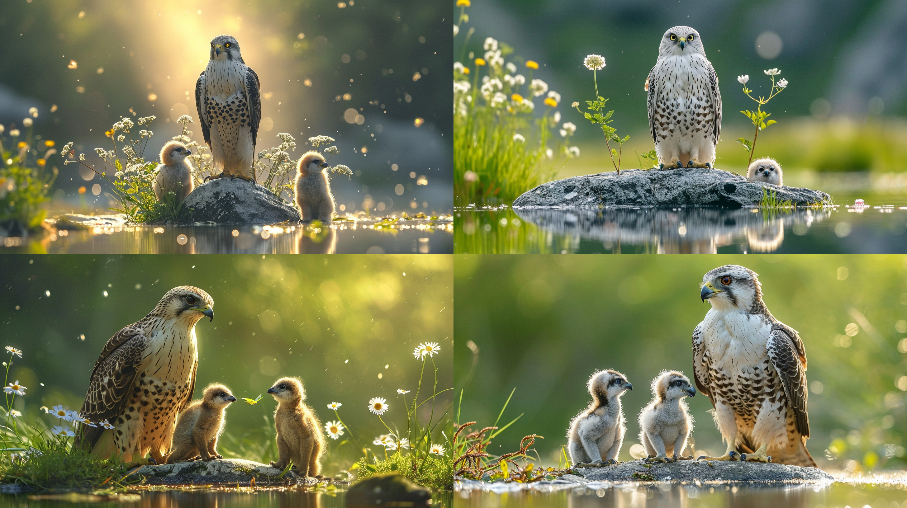 gyrfalcon站在石头上喂小崽，前面有水坑，倒影，背景绿色春天色彩，大光圈，光晕，逆光，金色光，杂草