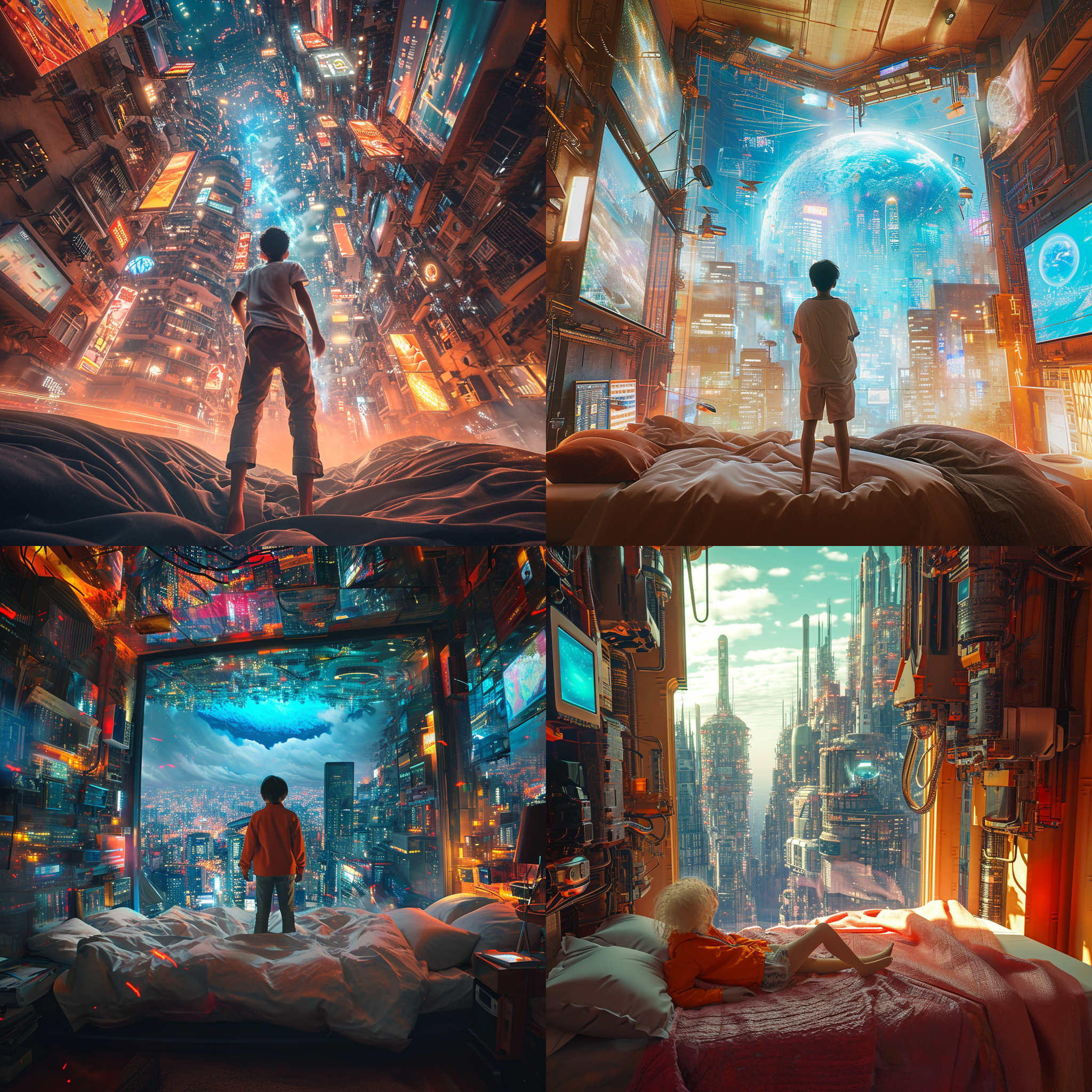 少年灵魂出窍，穿越未来城市。奇幻风格，冒险色彩，夸张动作，强烈对比度，超高分辨率，真实质感，卧室背景，未来建筑，广角镜头，明亮光线，惊讶表情，活力。