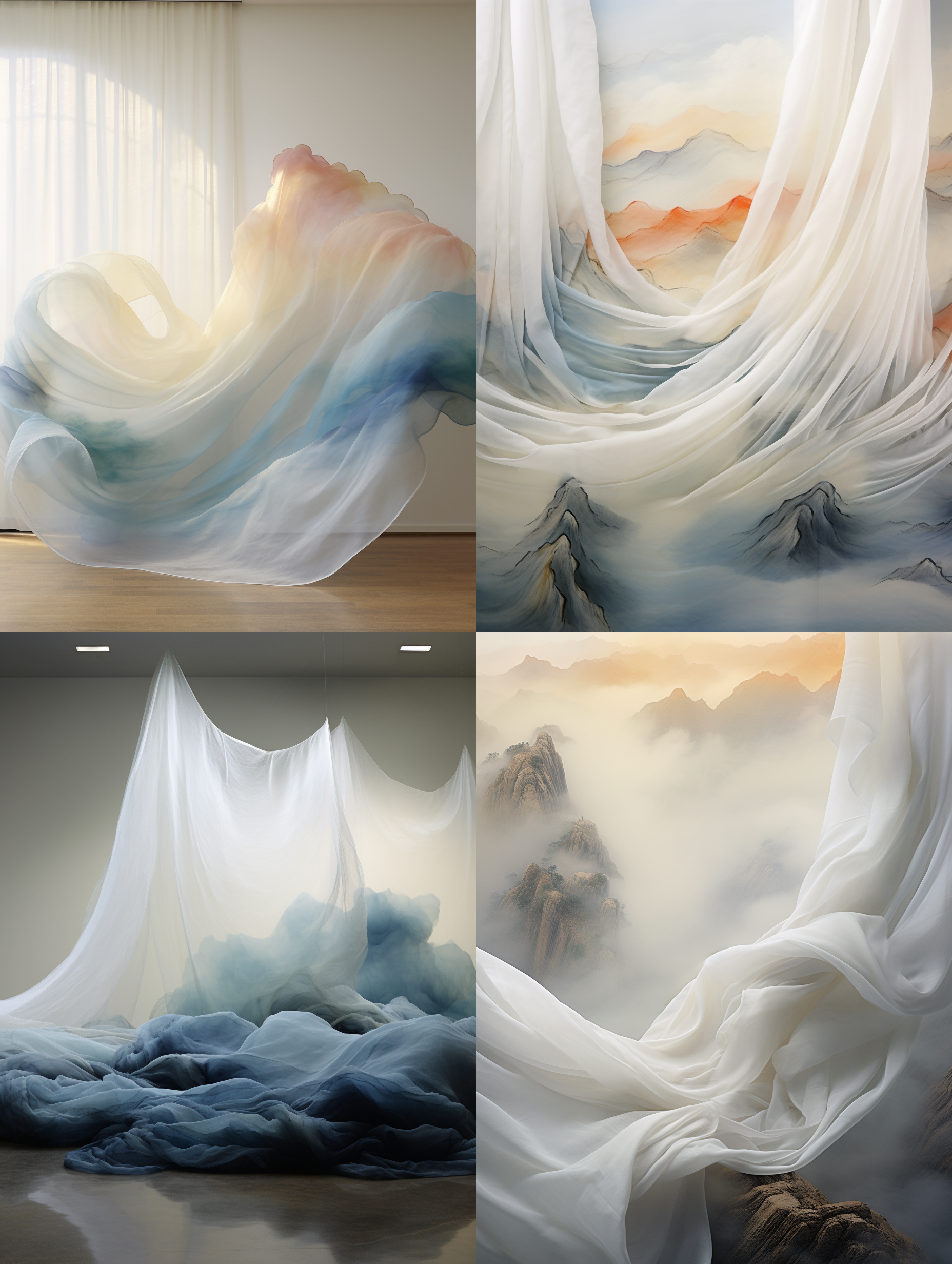 一叶扁舟，丝绸堆栈，轻纱纱幔山水堆积，欧根纱陈家冷古韵留白，动感水墨扎染x-ray，禅意弥散渐变云雾飘渺，雾气，淡淡的太阳，左上方，抽象构图，广角镜头，柔和光线，静态，沉思，宁静。