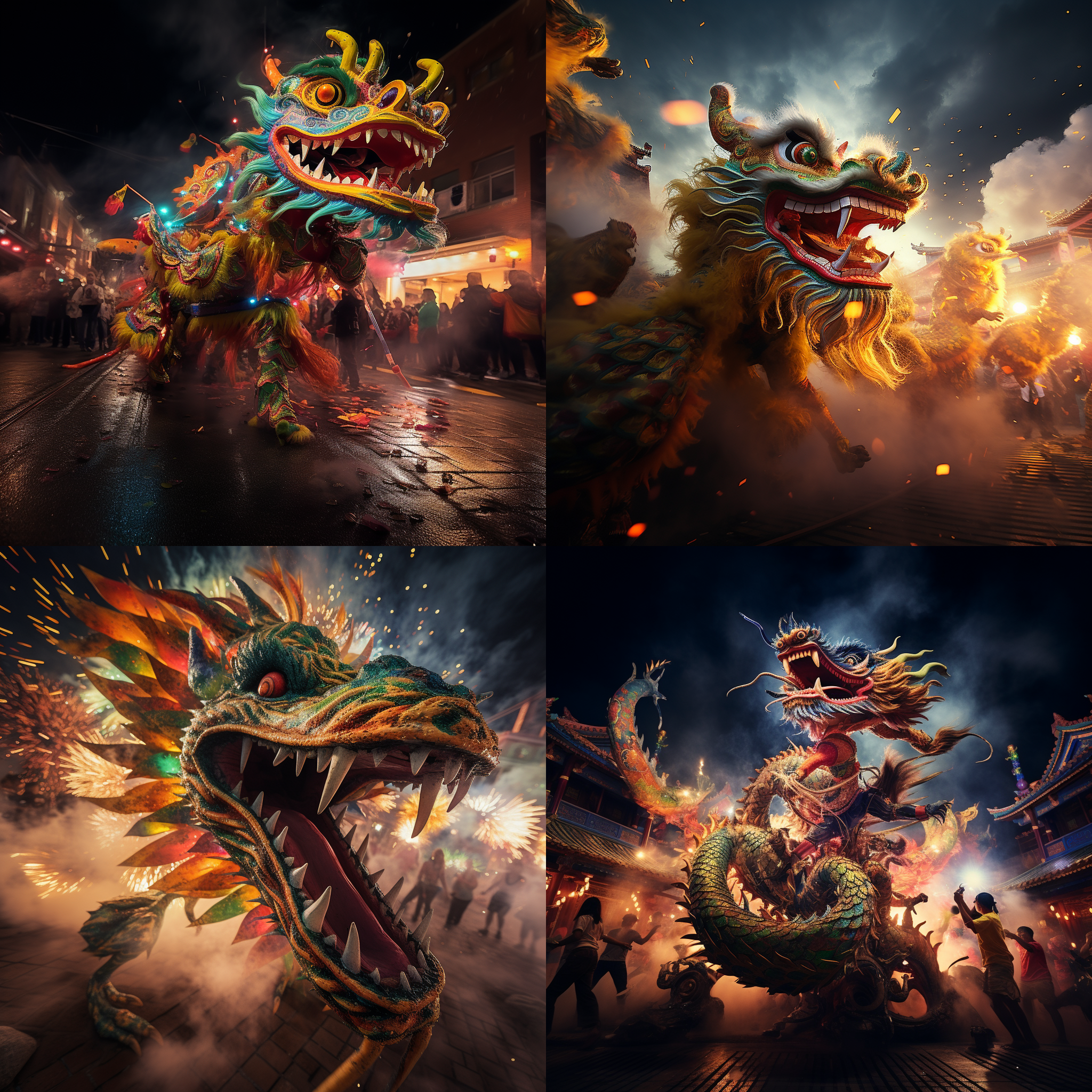 龙飞舞天空，舞狮腾地面，高速快门捕捉瞬间，广角镜头展现壮观场景，明亮色调增添喜庆氛围，对角线构图增强动感，灯光璀璨照亮场景，跃动的表情传递喜悦与希望。