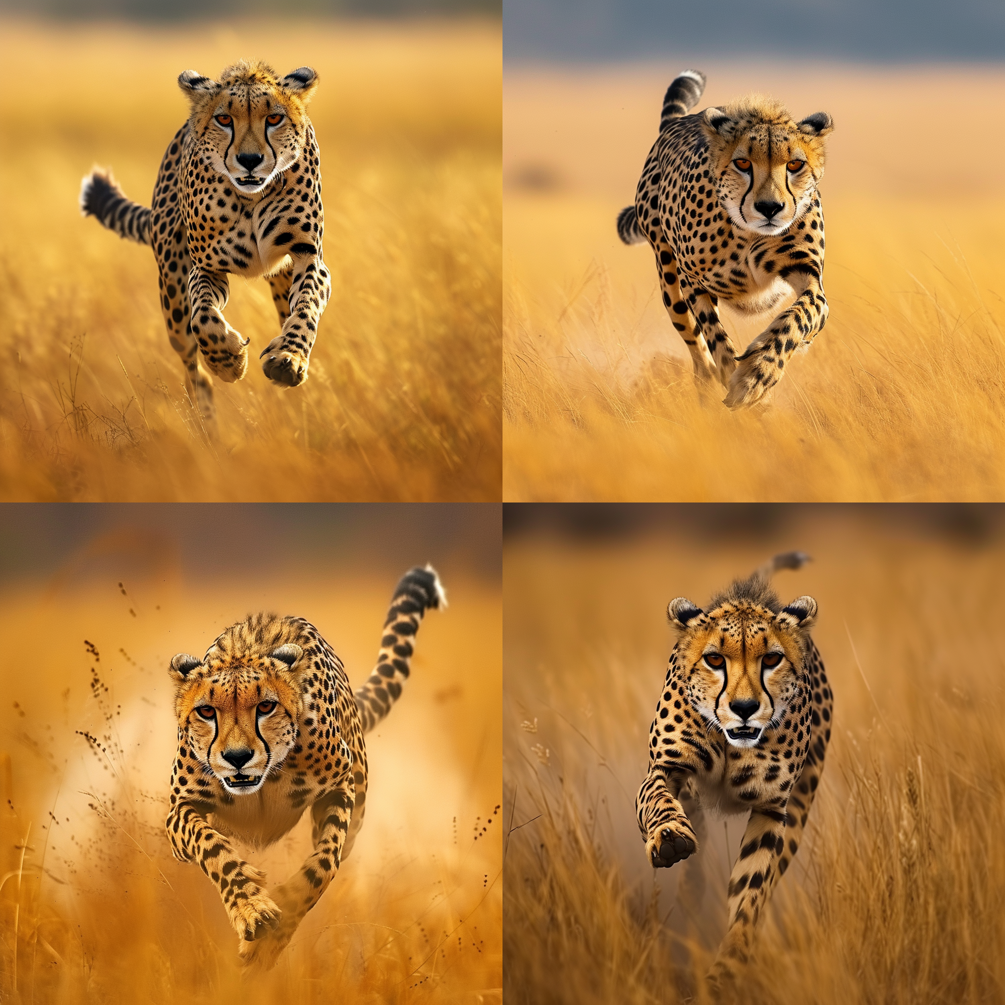 猎豹奔跑在黄色的大草原上，整个画面充满动感。猎豹全身肌肉紧绷，眼神锐利而专注。摄影师使用追焦技术捕捉到猎豹的每一个细节，呈现出清晰的纹理和肌肉线条。背景中的草原细节丰富，展现出广阔的自然风光。高速快门冻结住了猎豹的奔跑瞬间，给人一种震撼和力量感。照片以暖色调为主，让整个画面更加温暖和生动。快速运动、野性、自由、力量。