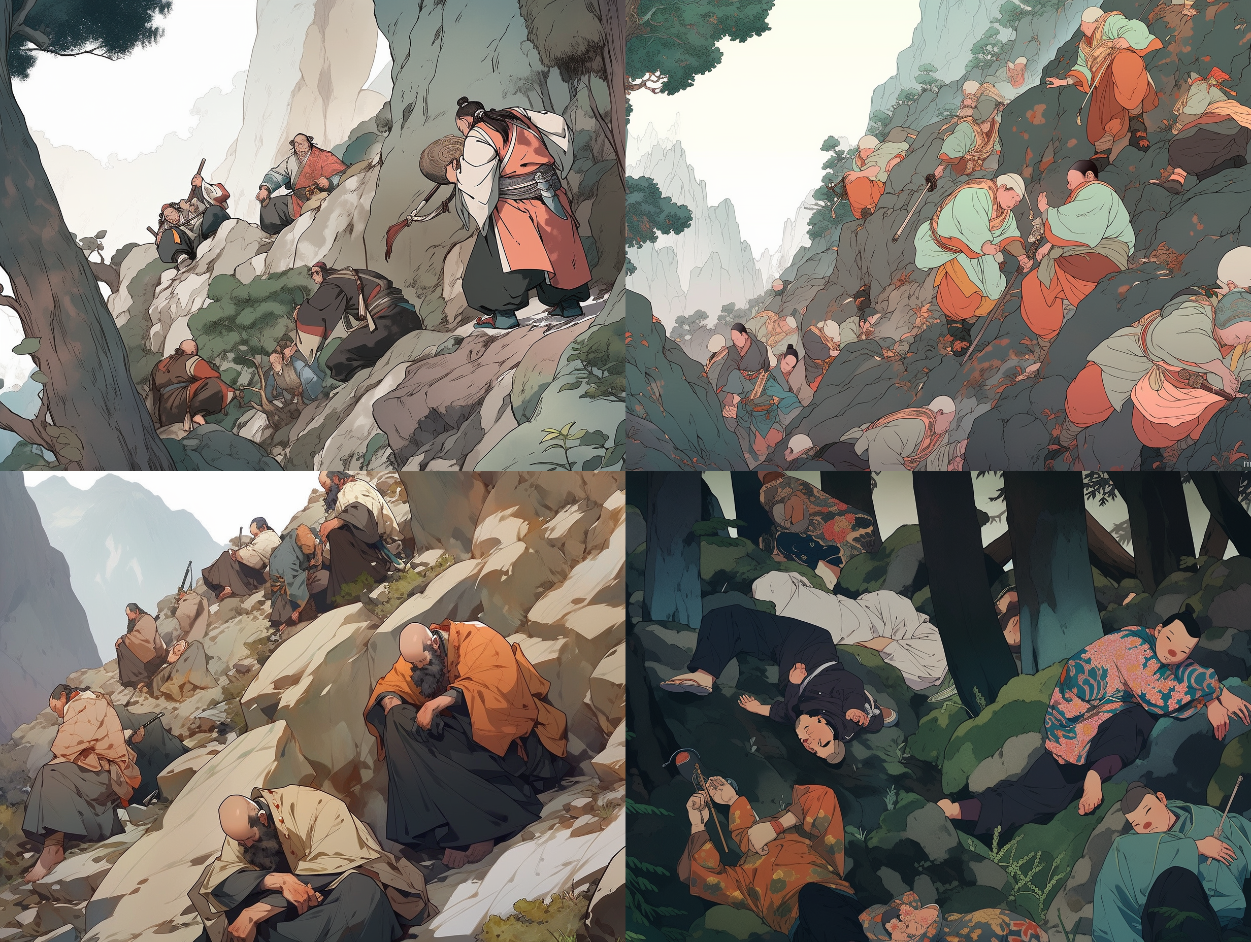 中国，修仙世界，一群彪形大汉，晕倒在地，深山