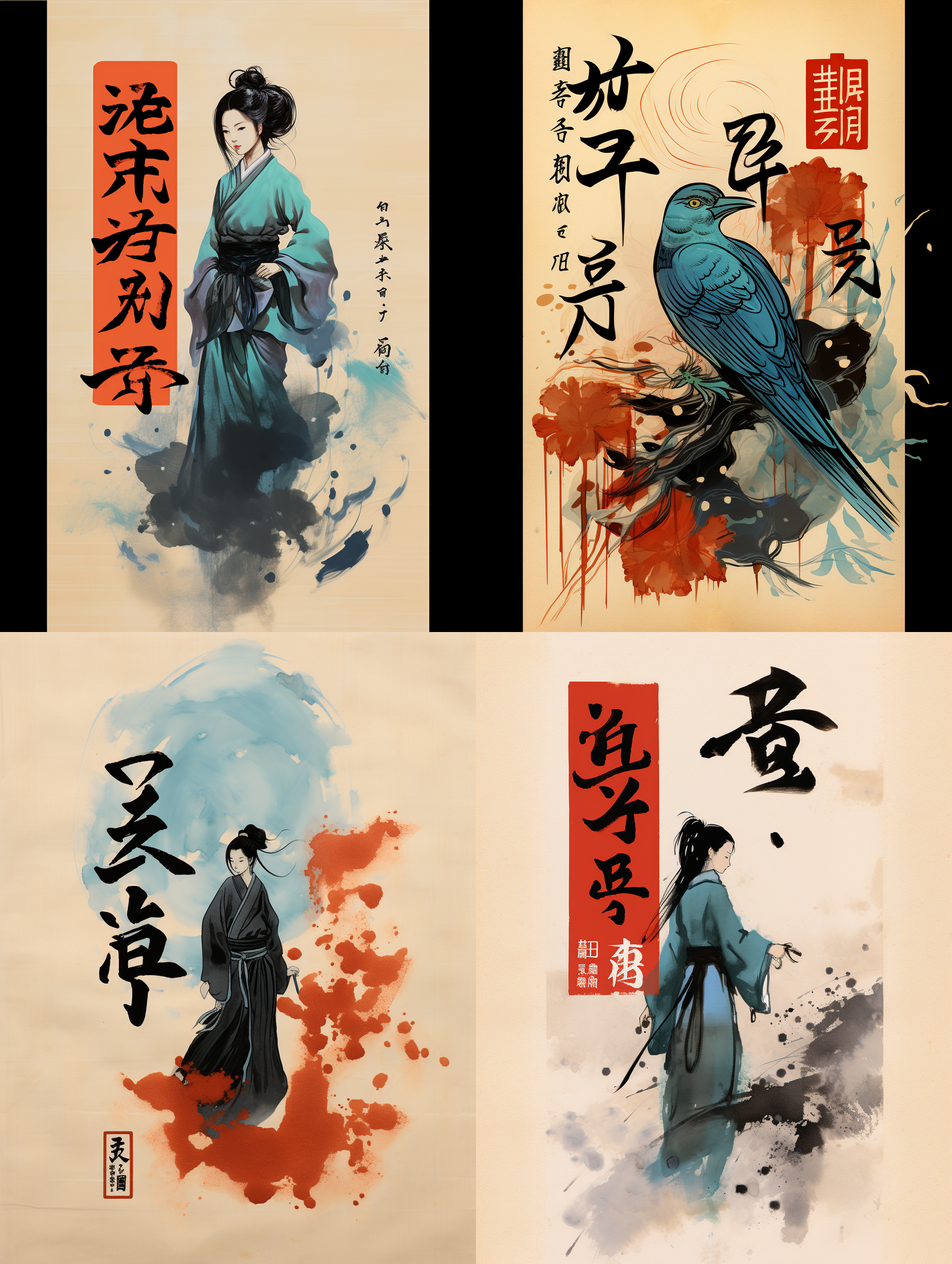 prompt.中国红底色，印章上有“李”字，对角线布局，高饱和度，插画风格，金黄色调，细节丰富，渐变效果，幸福，繁荣，喜庆，吉祥。 水墨 朱雀 中国水墨