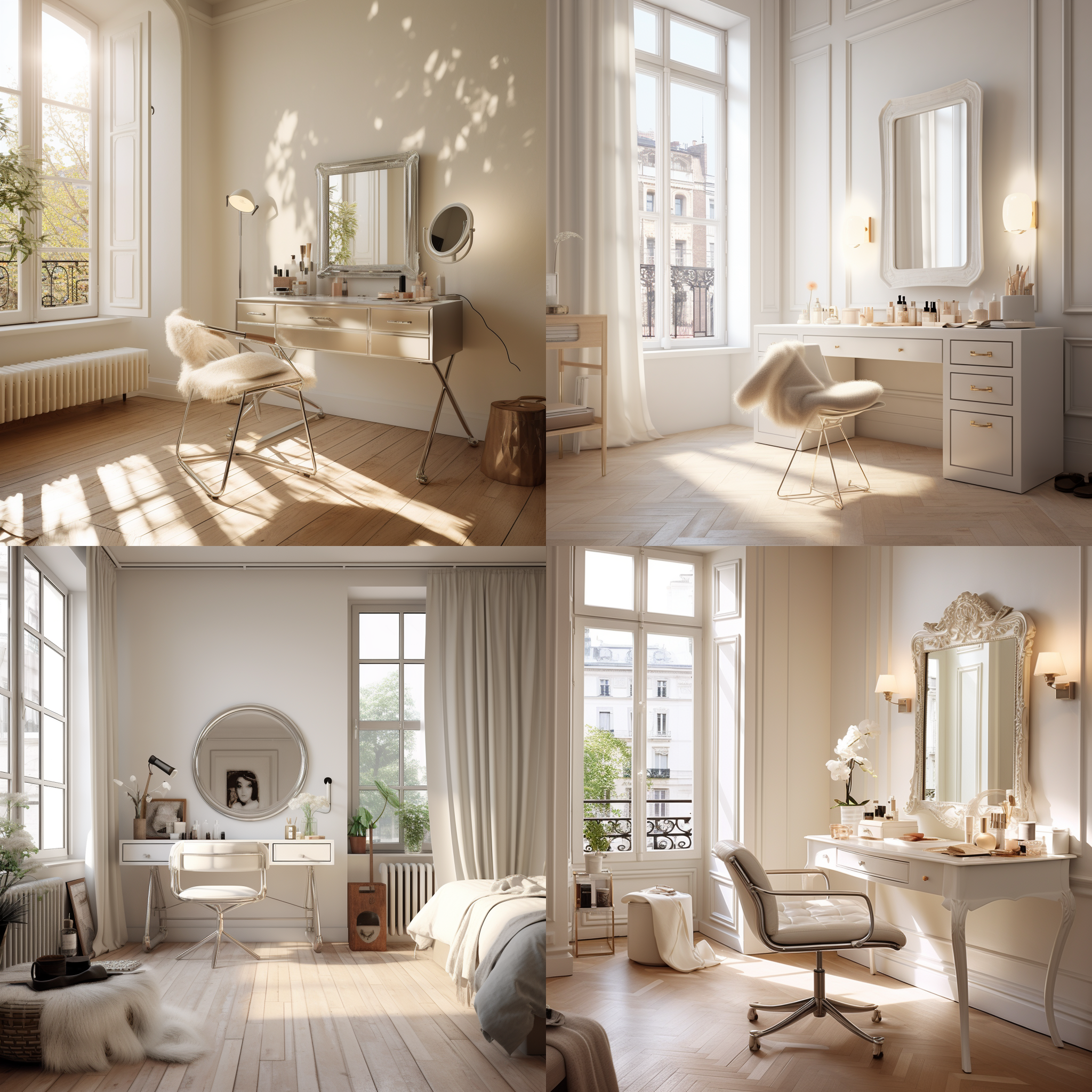浮雕白墙的卧室，白色边框落地窗，只有金属脚的化妆台特写，金属边化妆镜，不要化妆椅，木质地板，自然光，写实，室内环境，静态，细节丰富，温馨，柔和色调，舒适。