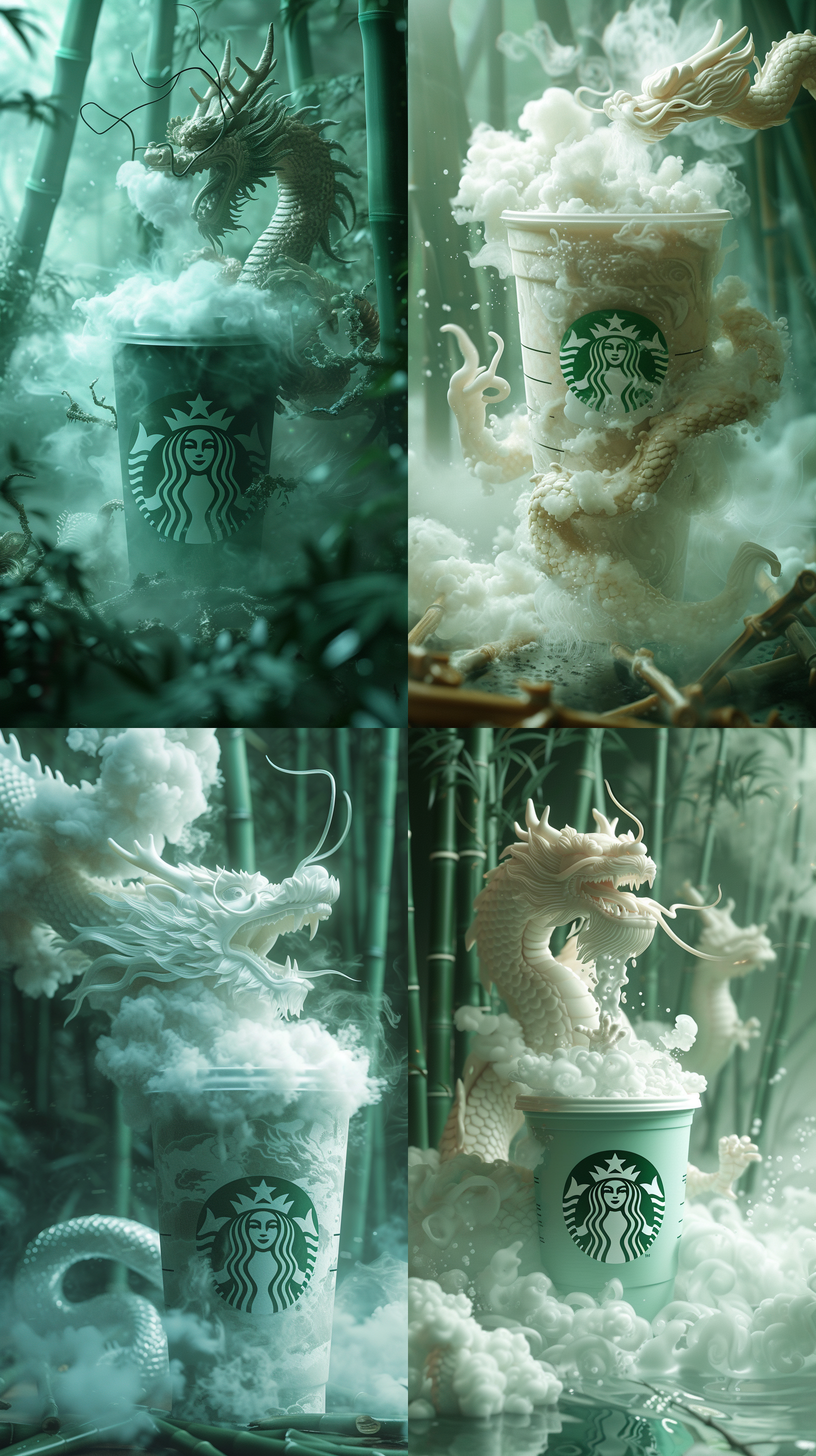星巴克杯子放大，云雾缭绕，白色中国龙宏伟壮观，盘旋在星巴克杯口处，口吐云雾，c4d渲染技术，逼真细节，竹林背景，广角镜头，柔和光线，神秘氛围，突出星巴克杯子。放大，云雾，龙，细节，竹林，广角，柔和光线，神秘。