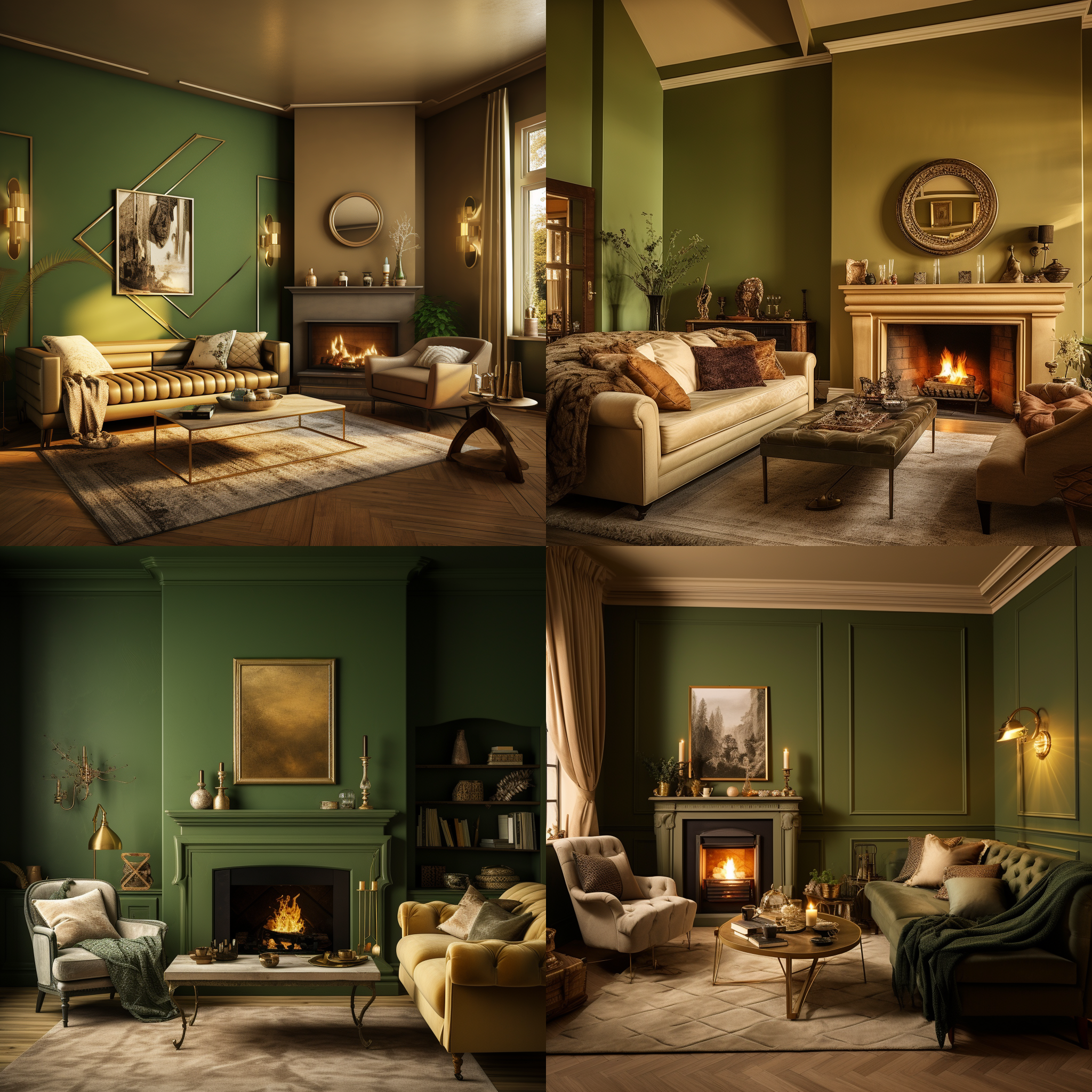 复古客厅，绿金调墙面，壁炉，米色沙发，对角线布局，暖色调，大光圈，环境光，远距离拍摄，摆盘艺术，优雅，温馨。