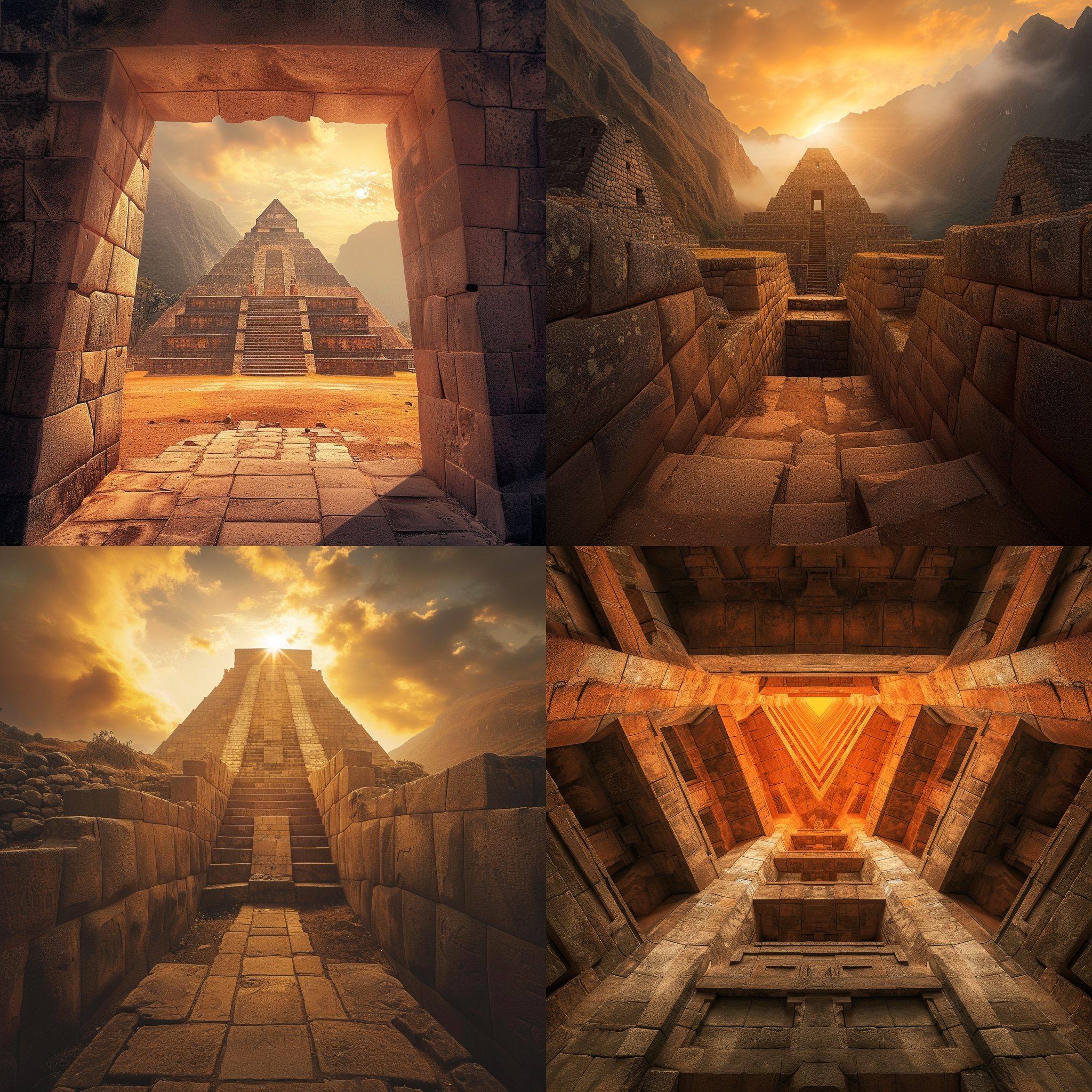印加神庙，巍峨壮丽，远景中央对称构图，金字塔形建筑，石头材质，古老风格，高动态范围，广角镜头，阳光照射，橙色调，庄严神秘，令人敬畏。