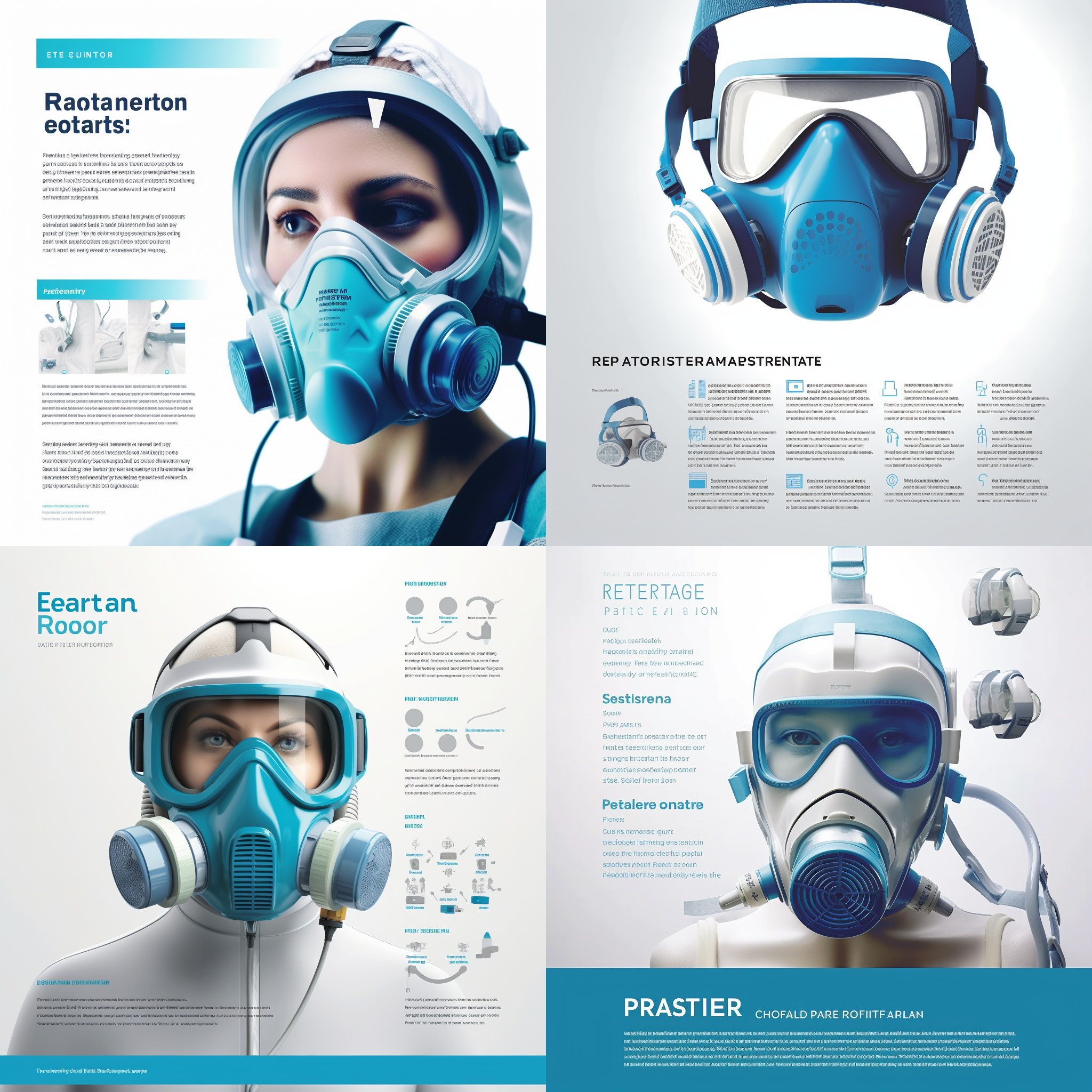 呼吸机特点宣传海报，白色背景，简洁风格，呼吸机正中央，环绕着医疗设备和患者的照片，深度模糊，高对比度，明亮照明，专业透视效果，呈现出现代科技感。蓝色主调，突出安全、舒适、高效，表达关怀与可靠性。