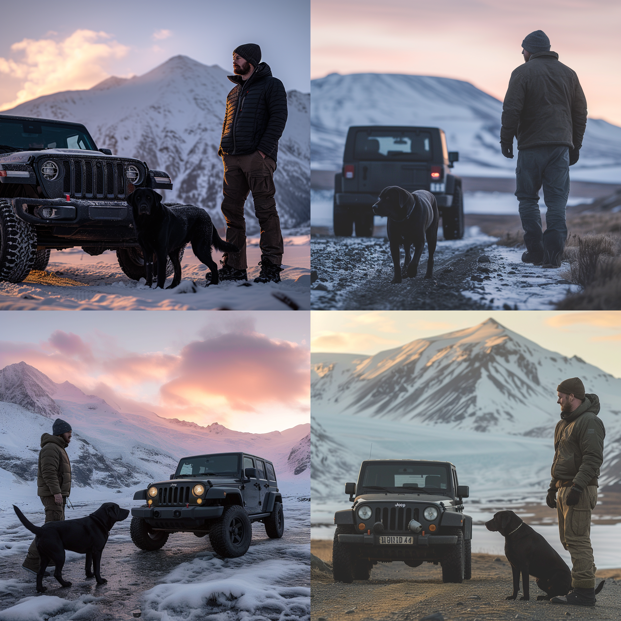 男人带着黑色拉布拉多犬，行走在落日余晖下。男人侧脸注视着狗狗，狗狗似乎立马明白了什么。近处是男人的黑色jeep牧马人，远处是雪山，山顶上还有未融化的冰雪。黄昏时分，侧光照射，温暖色调，广角镜头，动作自然流畅，情感深沉。