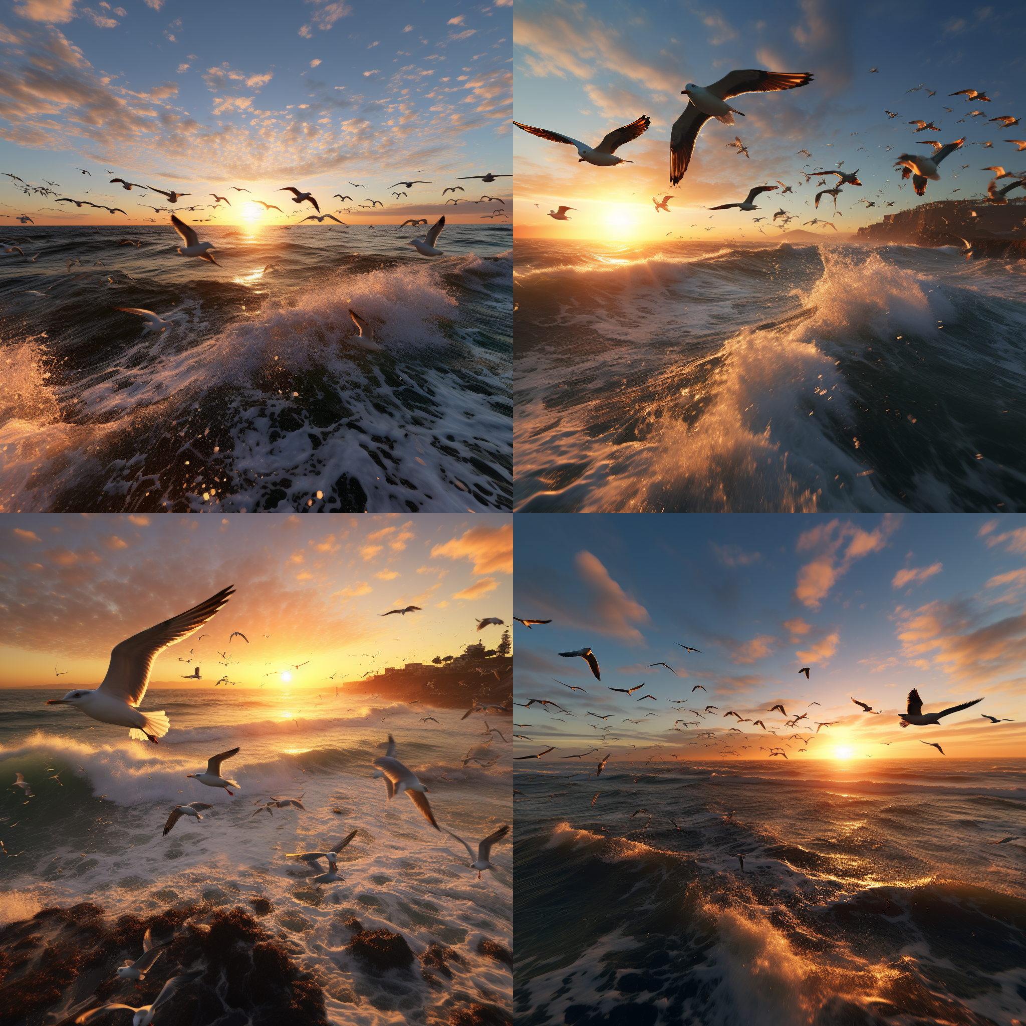 大海黄昏，一群海鸥在海浪上飞翔，太阳从天边斜射而下。这是一幅详细的哑光画谷歌地图街景，使用了西格玛10-20毫米广角镜头。照片通过第一人称视角呈现，色彩鲜明，真实感强。高清34k画质和高分辨率捕捉到了水面的细节，栏杆的纹理。整体气氛感温暖，近景让人感受到大海的壮丽，超真实的观感令人陶醉。