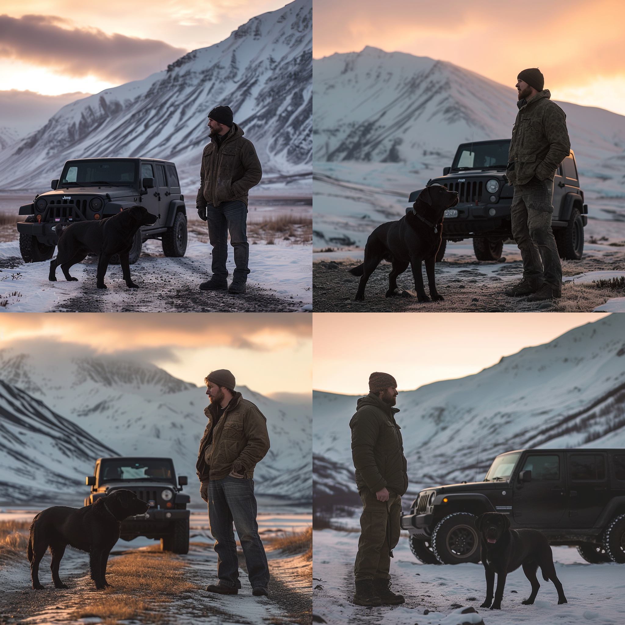男人带着黑色拉布拉多犬，行走在落日余晖下。男人侧脸注视着狗狗，狗狗似乎立马明白了什么。近处是男人的黑色jeep牧马人，远处是雪山，山顶上还有未融化的冰雪。黄昏时分，侧光照射，温暖色调，广角镜头，动作自然流畅，情感深沉。