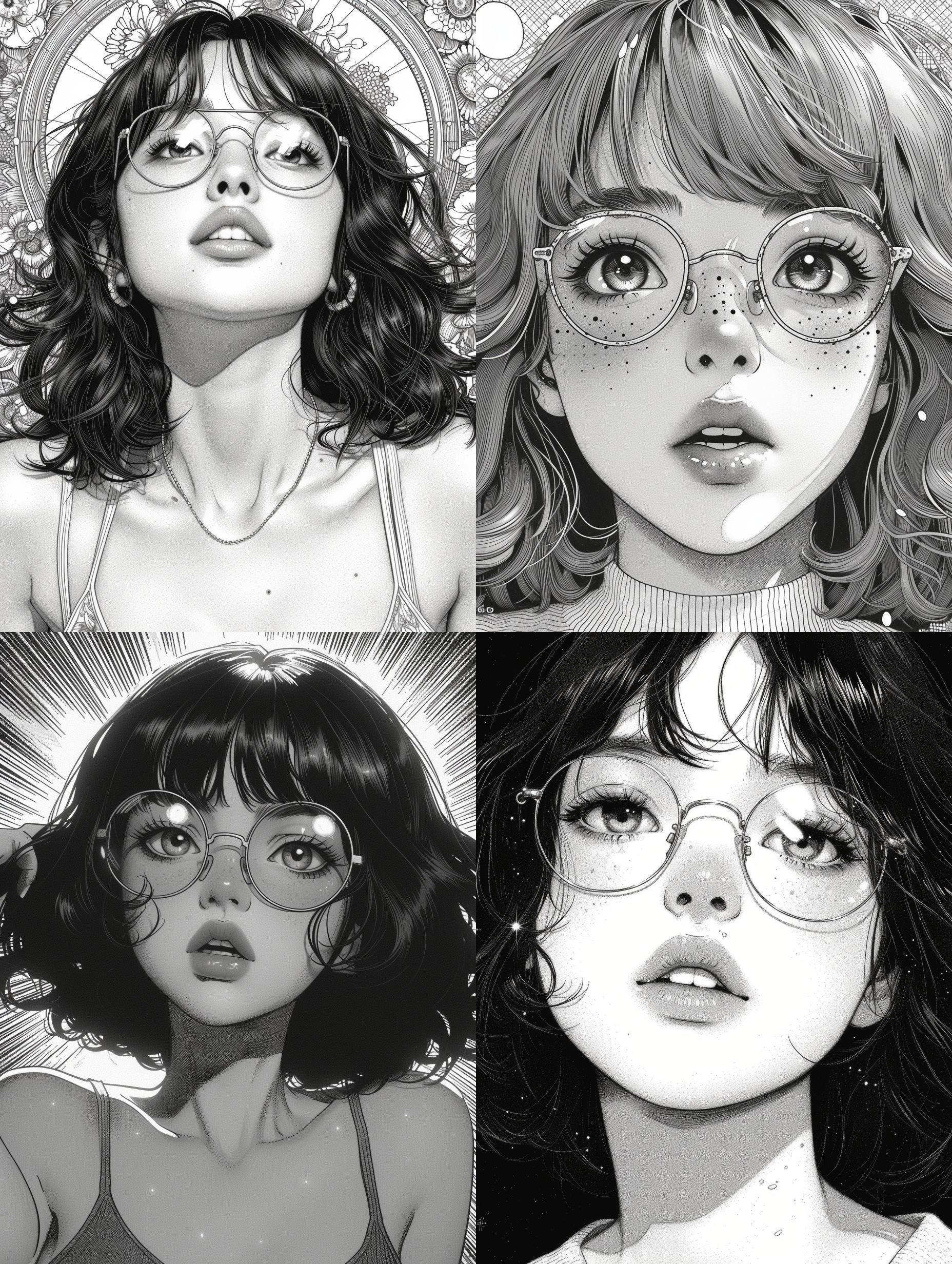 戴眼镜的亚洲女孩微笑着，以丝网印刷风格呈现。她身穿简约的服装，背景是黑白高清模式下的机械化精度线条艺术。这个漫画头像以动漫人物风格为特色，呈现出平面插图般的感觉。