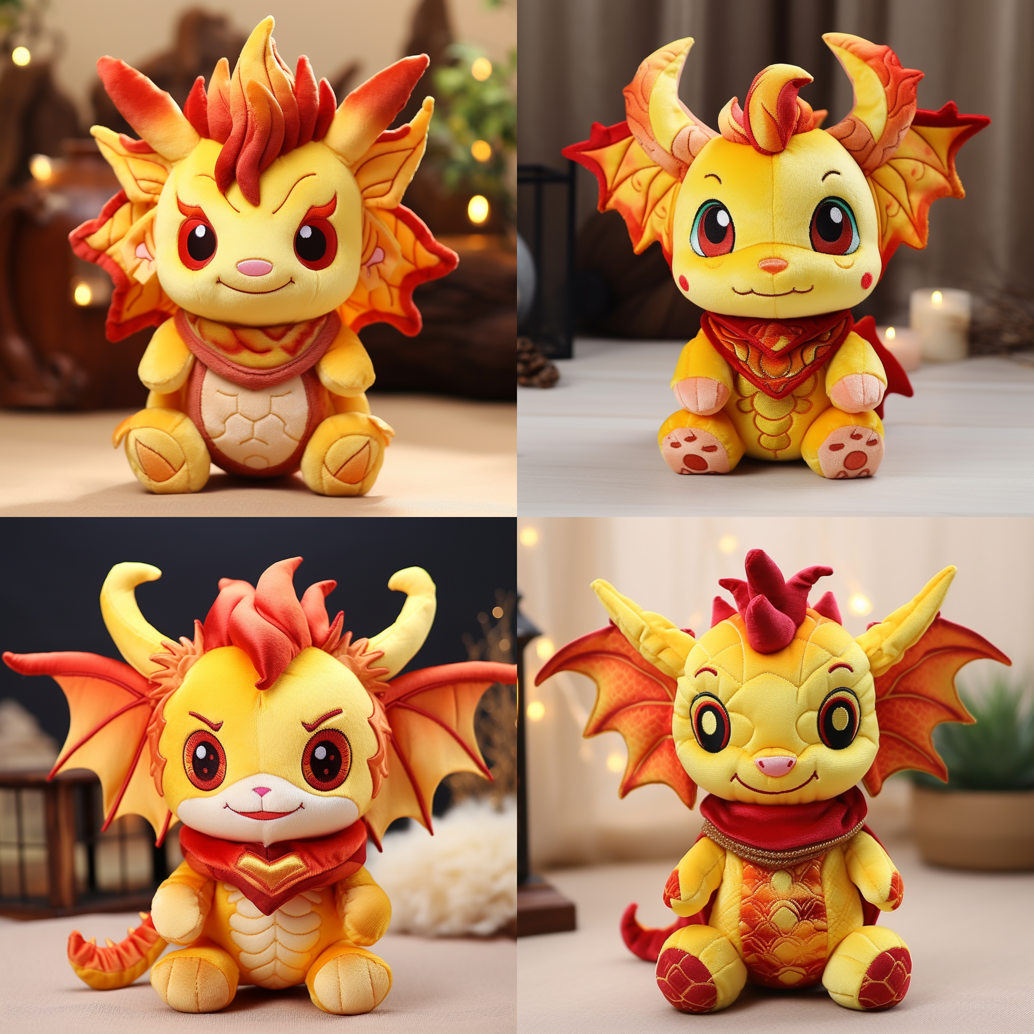 龙年玩偶 卡通可爱 毛绒玩具 红色 脸部是黄色 头上有龙角