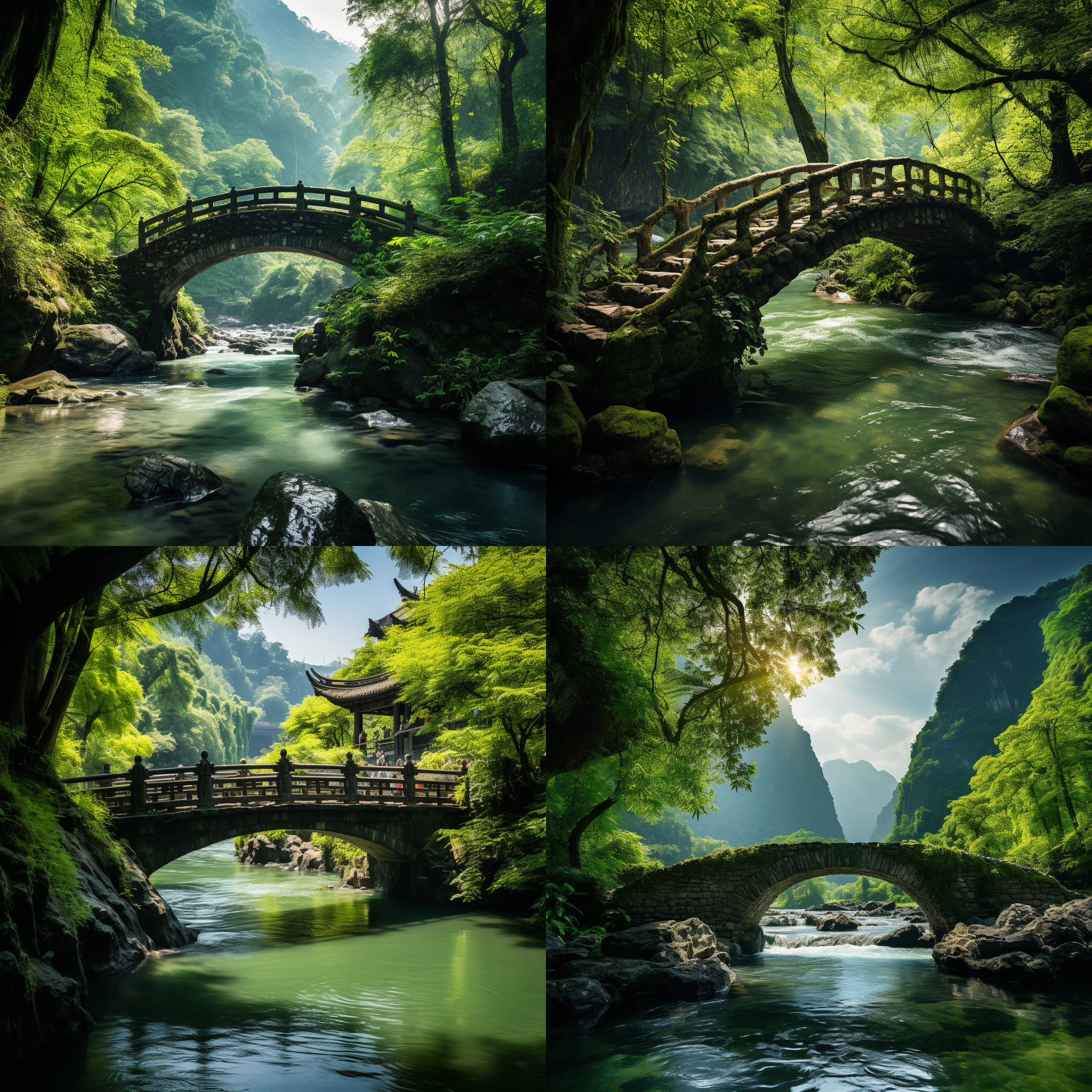 山重水复，古老的石桥横跨在湍急的河流上。远处是一片茂密的竹林，浓密的绿色与清澈的水波交相辉映。阳光透过树叶洒在石桥上，营造出一种神秘而宁静的氛围。用宽角镜头拍摄，突出桥梁在大自然中的壮丽。静态构图，自然光，垂直线条，柔和色调，平静情绪。