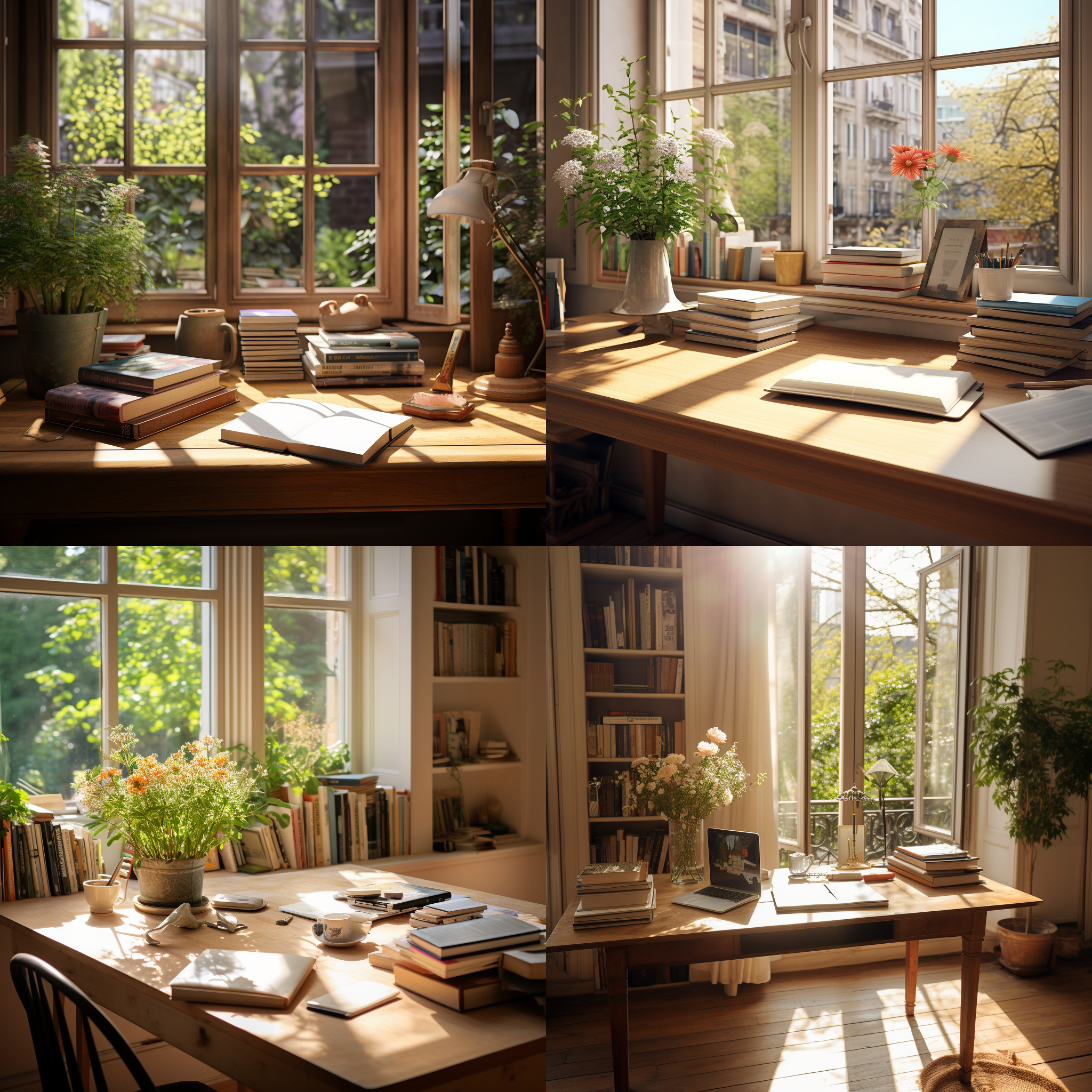 美式简约书桌，能看到整张桌子，桌子上有盆栽和书本，旁边是黑色边框落地窗，温和的自然光照在木地板上，书架上放着书本和相框，细致构图，自然环境，写实，广角拍摄