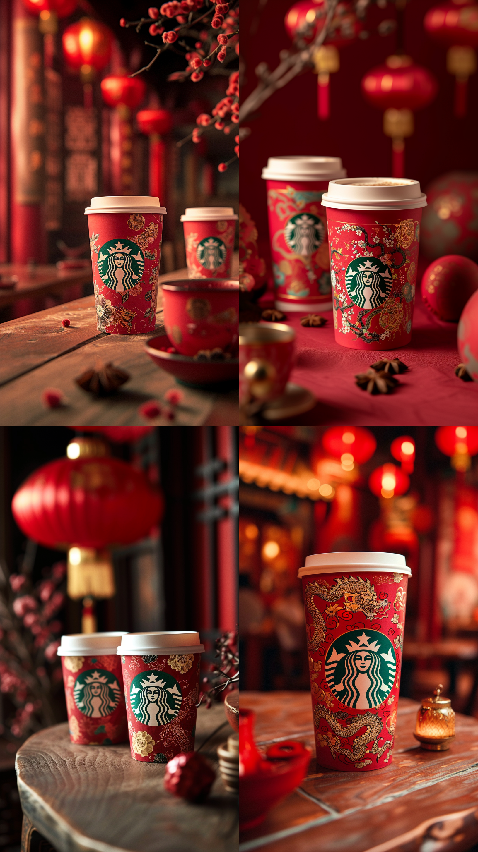 星巴克杯子在中国风的对称构图中，以红色主调为背景，细节丰富的星巴克包装设计展现了龙年新春的传统元素。柔光下的静态场景，通过广角镜头突出了主体星巴克杯子的优雅与美感。