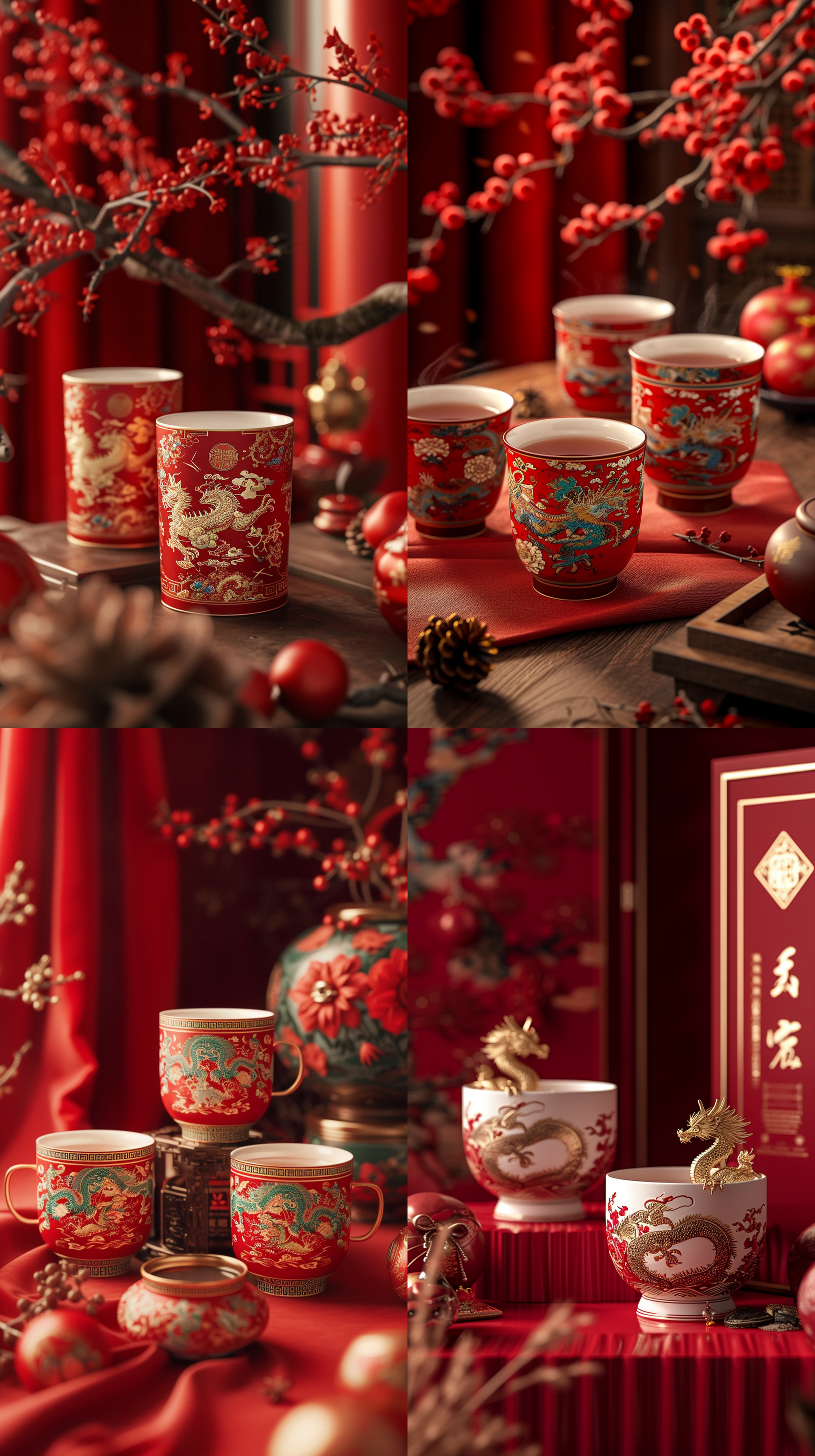 茶百道杯子，中国风对称构图，红色主调背景，麒麟出没，细节丰富的包装设计，龙年新春传统元素。柔光静态场景，广角镜头突出茶百道杯子优雅美感，逼真细节，c4d渲染