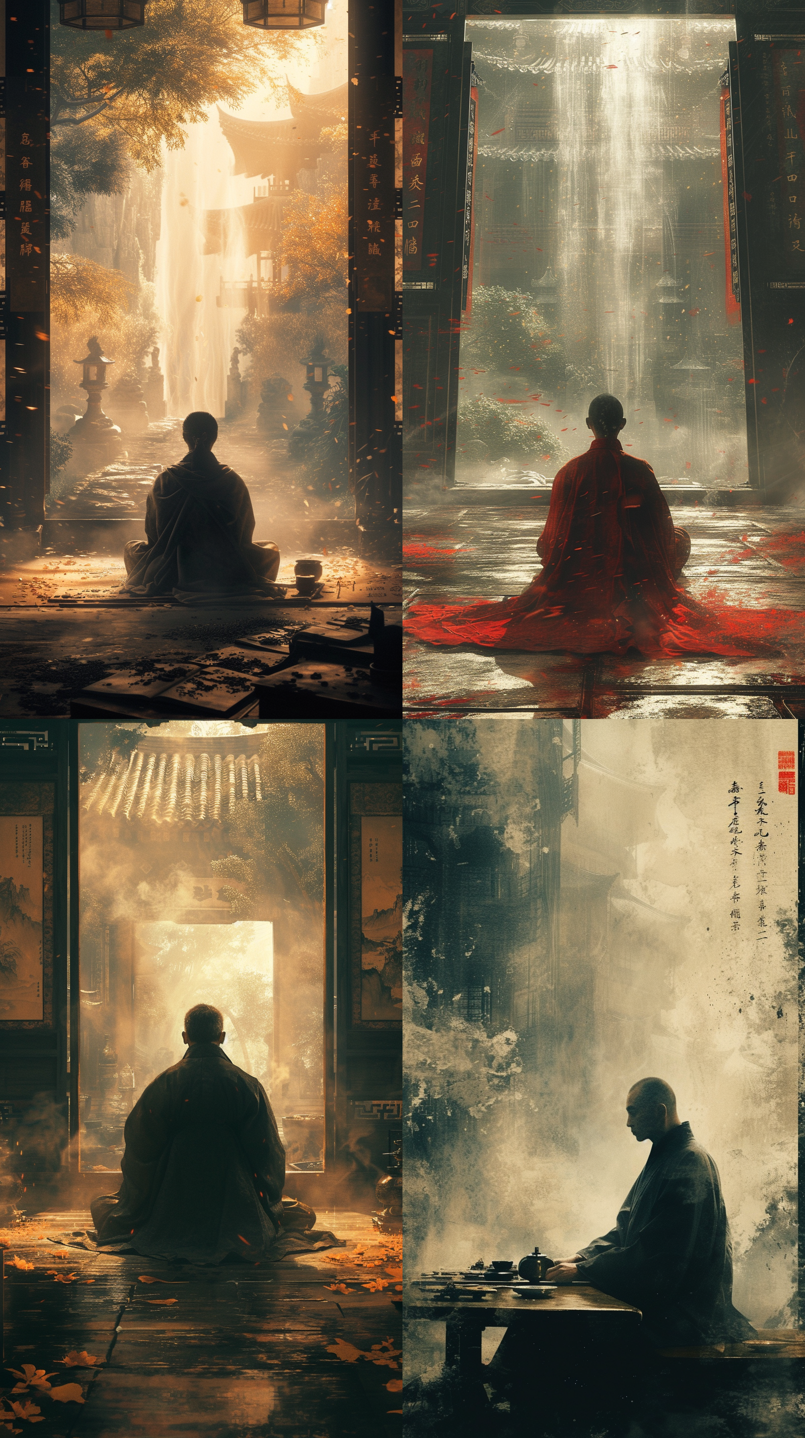 中国古代明朝一位老和尚正在为英俊少年剃发成僧，大师油画。画面中央是一位英俊的少年，他正坐在寺庙内，专注地剃发成为一名僧人。背景是一间古老的寺庙，墙上挂着大师的油画作品。整个画面以柔和的色调为主，突出了少年的英俊面容。光线透过窗户斜射进来，照亮了他的侧脸。画面传达出一种宁静、决心和青春的情感。剪影，寺庙，油画风格，英俊面容，柔和色调，侧光，宁静，决心，青春。