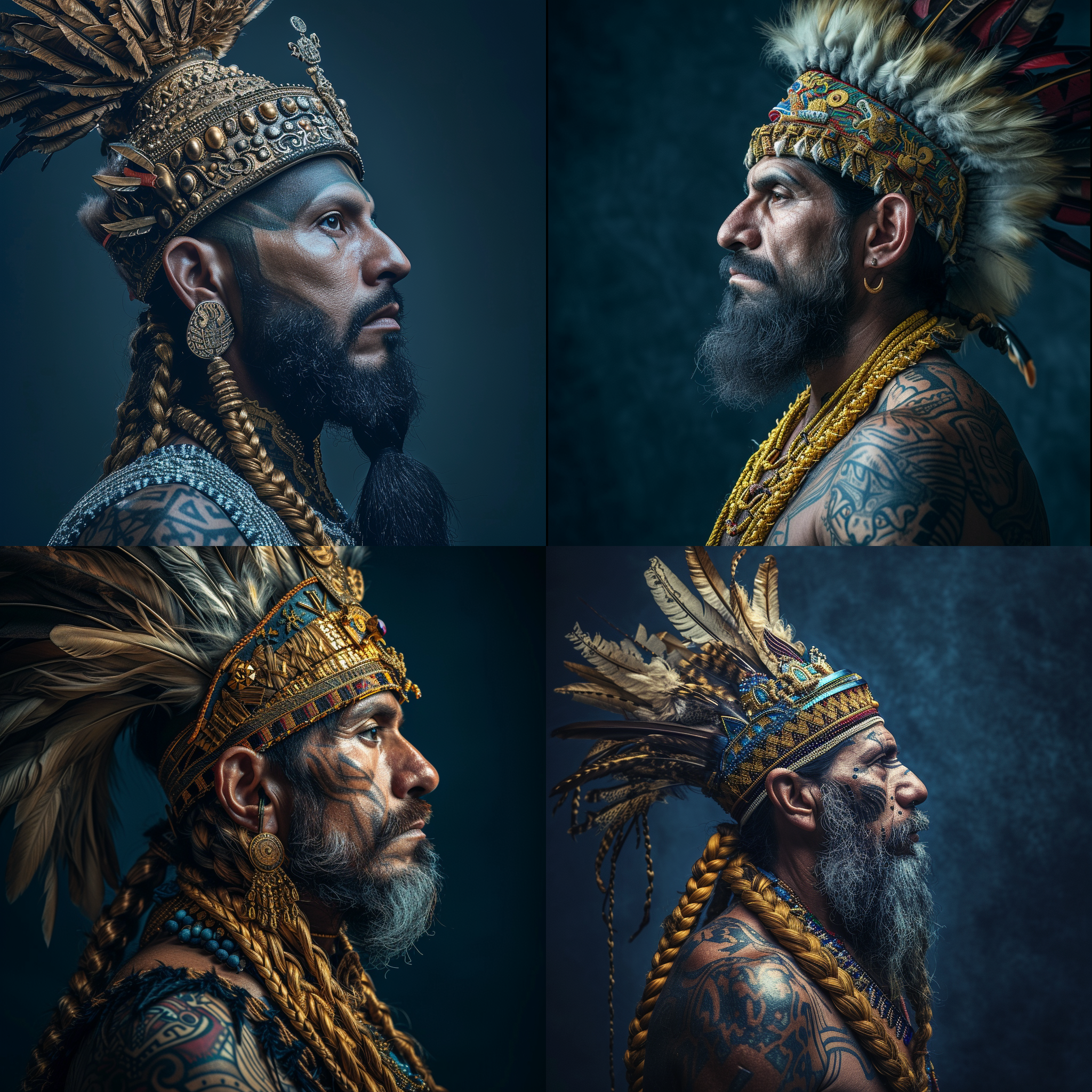 印加国王，肖像照，正面接近，高清晰度，富有细节，面朝右侧，金色辫子，华丽的头饰，丰满的胡须，印加纹身，神圣的表情，深蓝色背景，冷色调，柔和光线，庄重，威严。