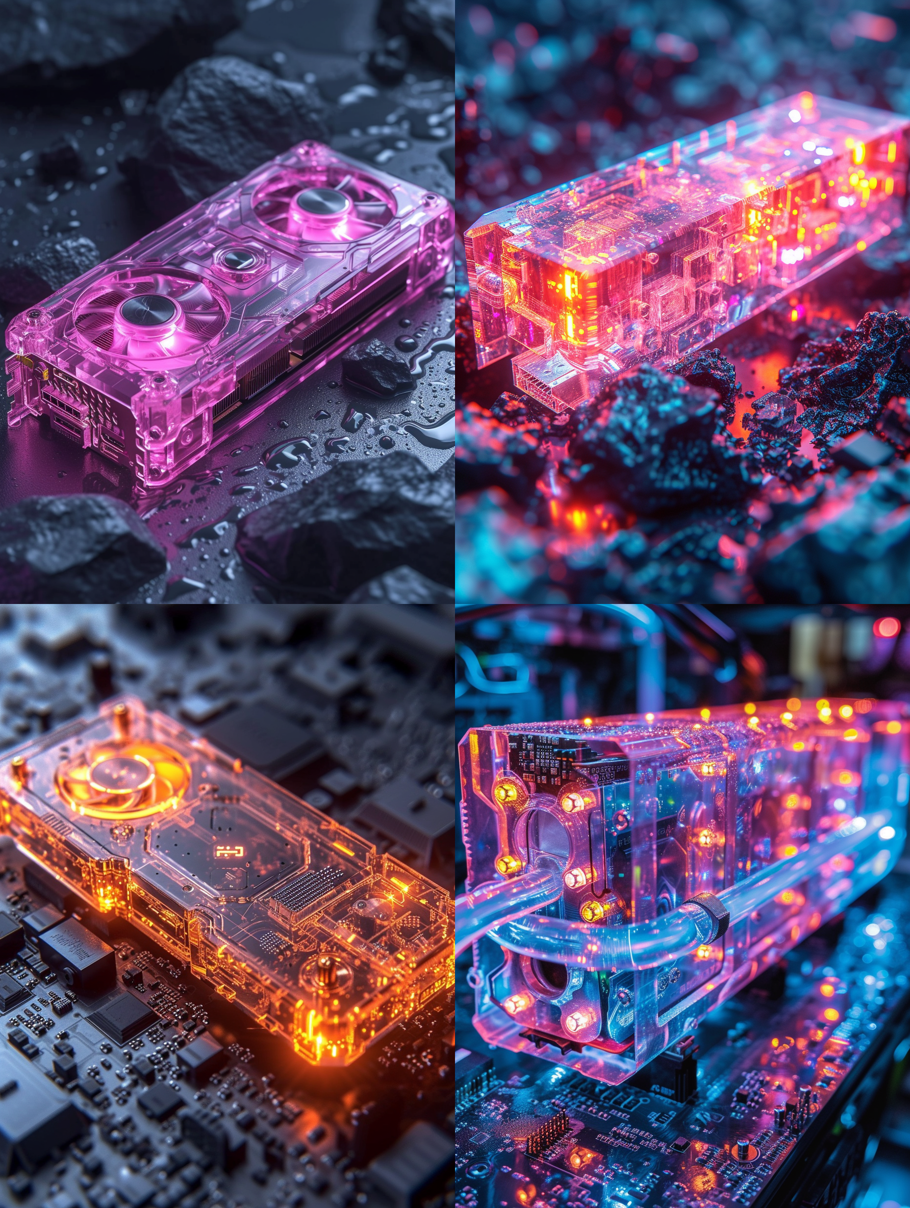 一张晶莹剔透的4090显卡，pvc,亚克力质感，画面精质