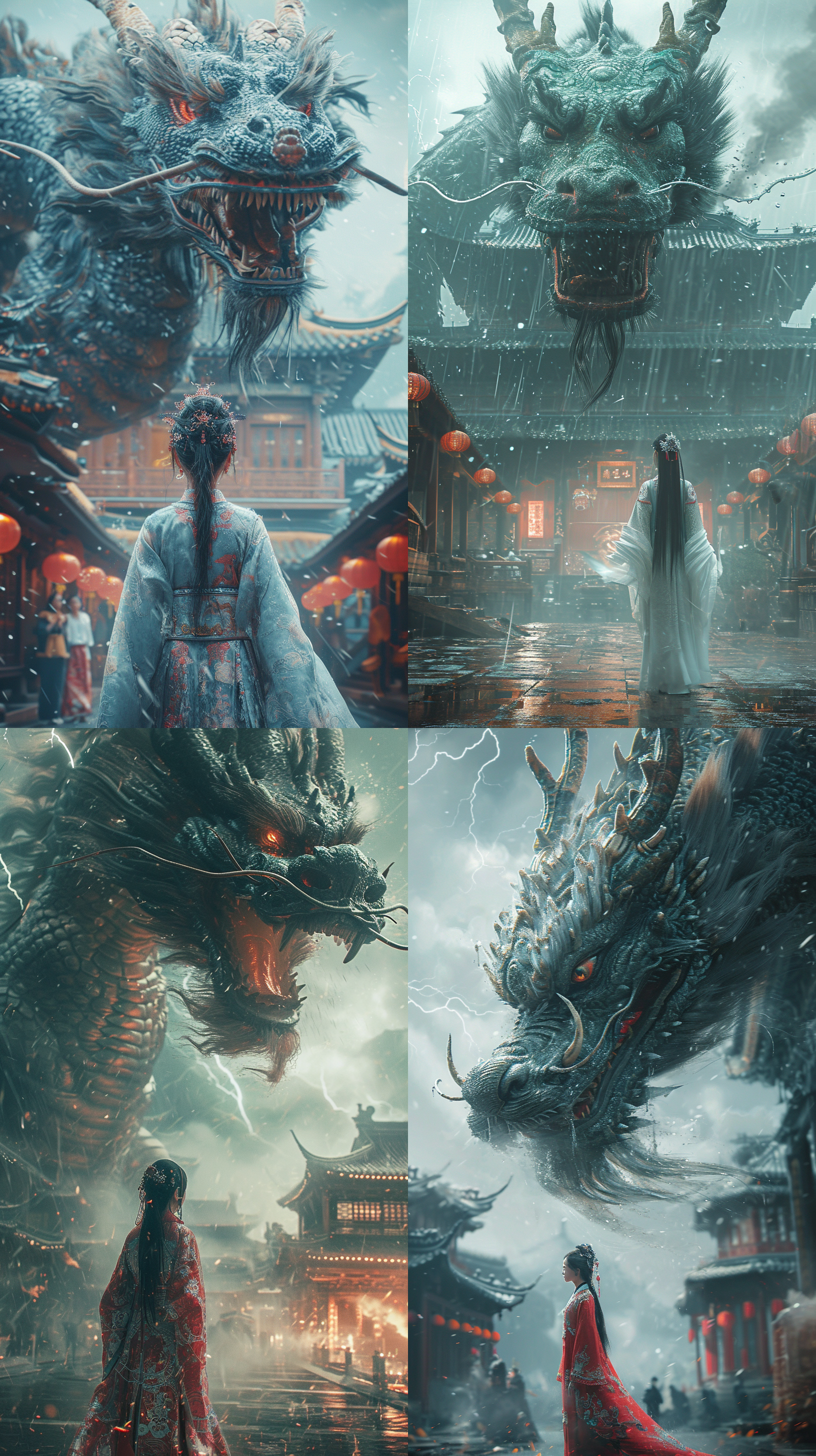 巨型中国龙，华丽传统服饰的中国女孩，宫殿外景，风雨交加，电闪雷鸣，c4d渲染技术，逼真细节，远景取景，仙气飘飘，广角镜头，柔和光线，浅色调，神秘氛围，大场景。