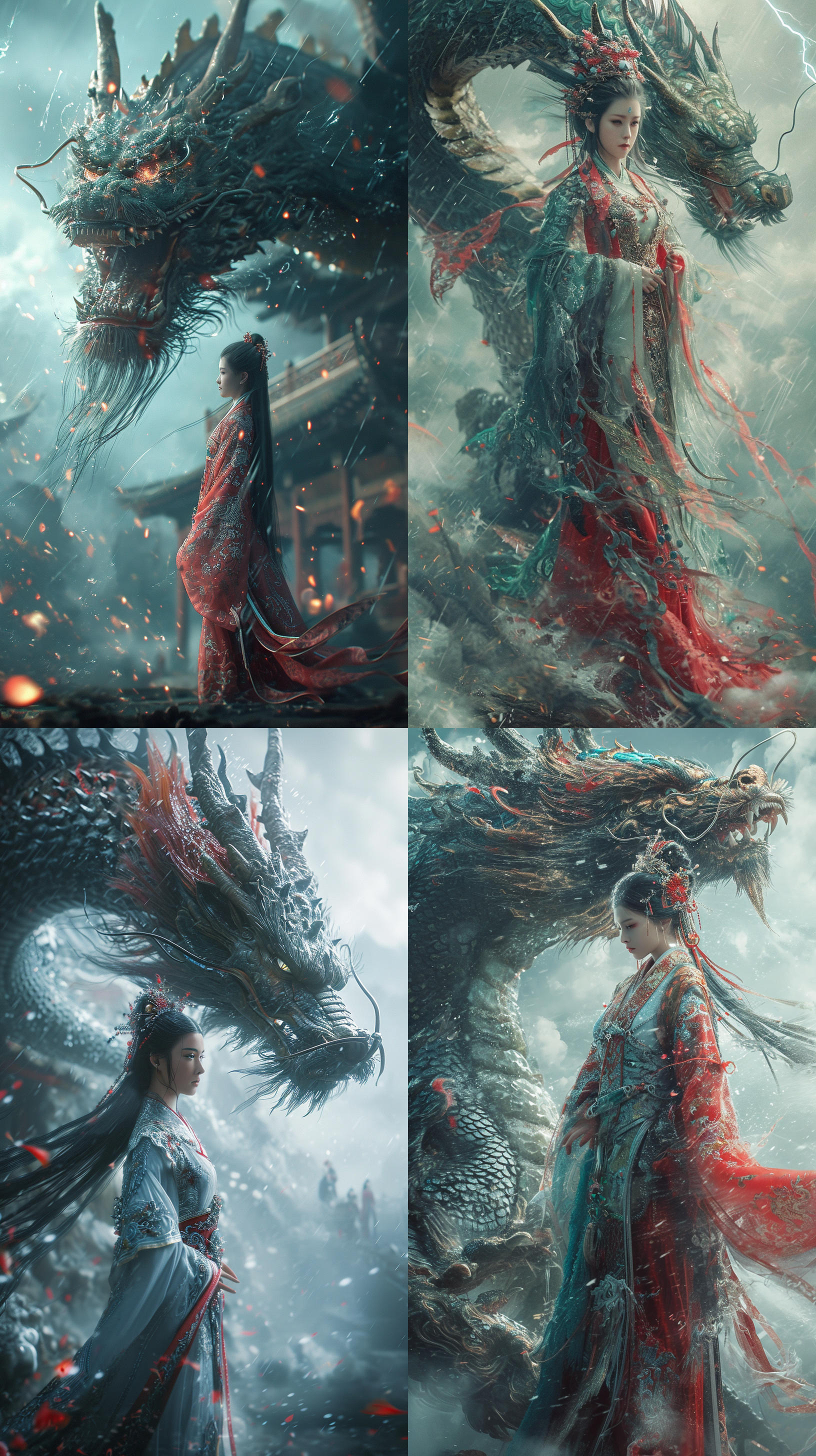 巨型中国龙，华丽传统服饰的中国女孩，战火缭乱，风雨交加，电闪雷鸣，c4d渲染技术，逼真细节，远景取景，仙气飘飘，广角镜头，柔和光线，浅色调，神秘氛围，大场景