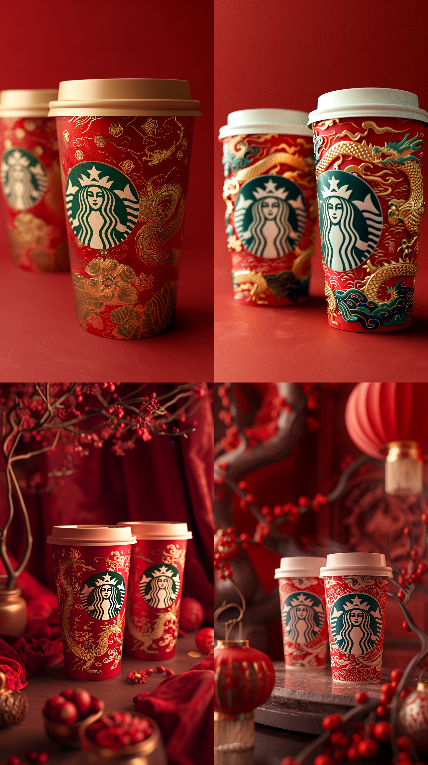 星巴克杯子，中国风对称构图，红色主调背景，麒麟出没，细节丰富的包装设计，龙年新春传统元素。柔光静态场景，广角镜头突出星巴克杯子优雅美感，逼真细节，c4d渲染。
