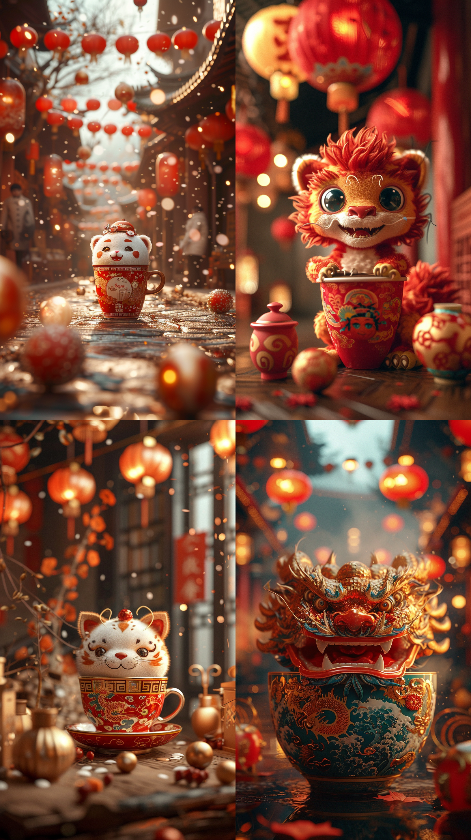新年氛围，瑞幸咖啡杯子为主体，年兽从瑞幸咖啡杯口处探头查看，c4d渲染技术，逼真细节，新年红火背景，广角镜头，突出瑞幸咖啡杯子，柔和光线，神秘