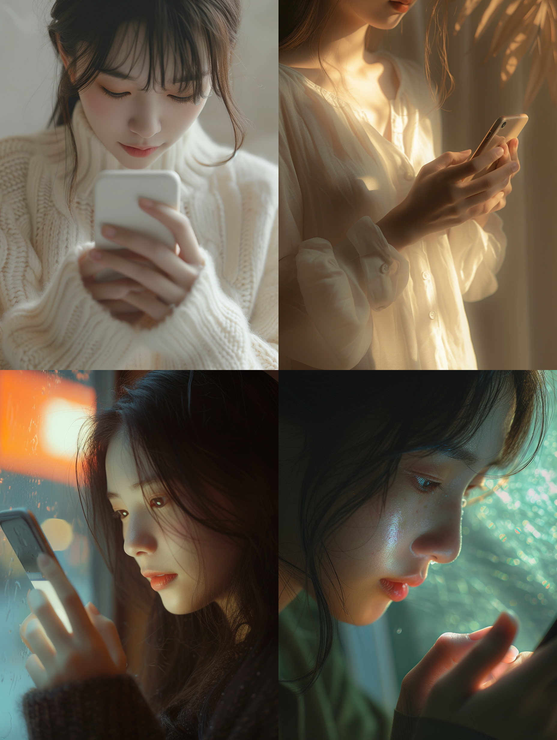 手机特写，明亮室内环境，浅色调，微距镜头，细节突出。光线柔和，温暖氛围。芊芊细手紧握手机，指尖轻触屏幕。手势细腻，传递专注与灵感，唤起创造力与激情。