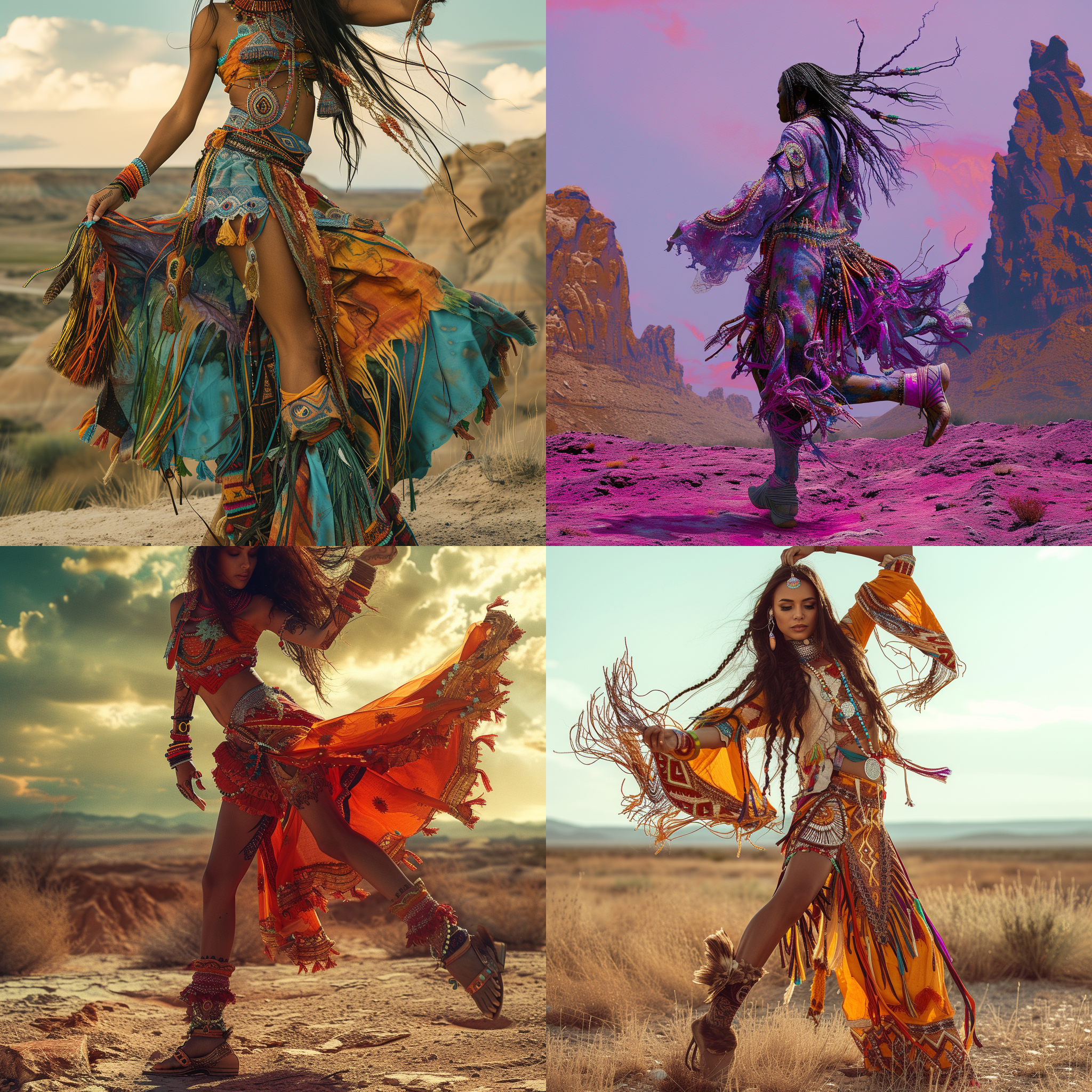 印度女巫师，荒凉的沙漠背景，正面特写，高饱和度，明亮色调，长焦镜头，逆光，抬腿起舞，神秘，威严。