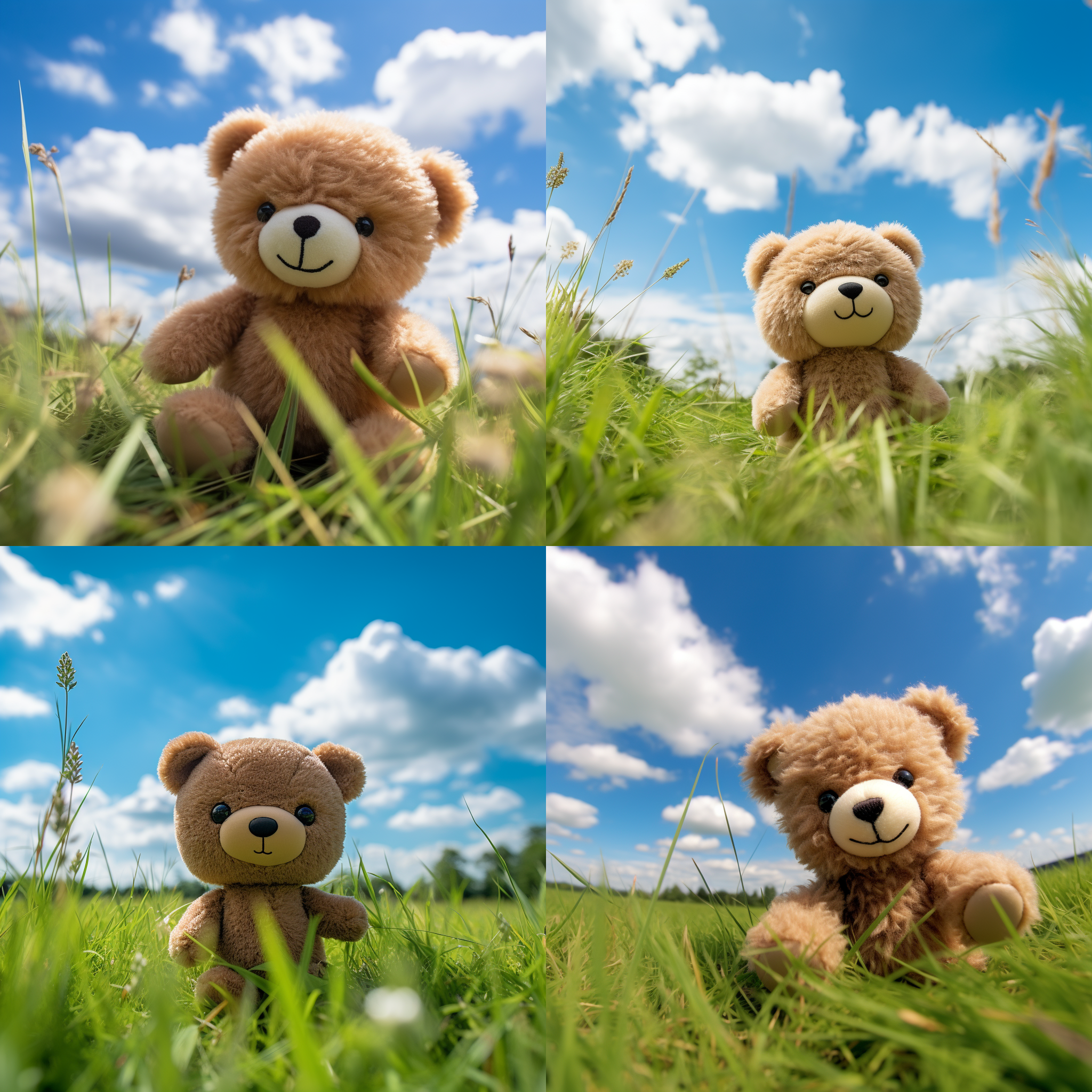 可爱动物世界，一只小熊瞪大眼睛看着摄影师。熊站在绿色草地上，背景是蓝天白云和森林。构图对称，广角镜头捕捉到了周围的环境。光线柔和，给整个画面增添了温暖感。小熊的表情天真可爱，色彩明亮，传递着快乐和宁静。