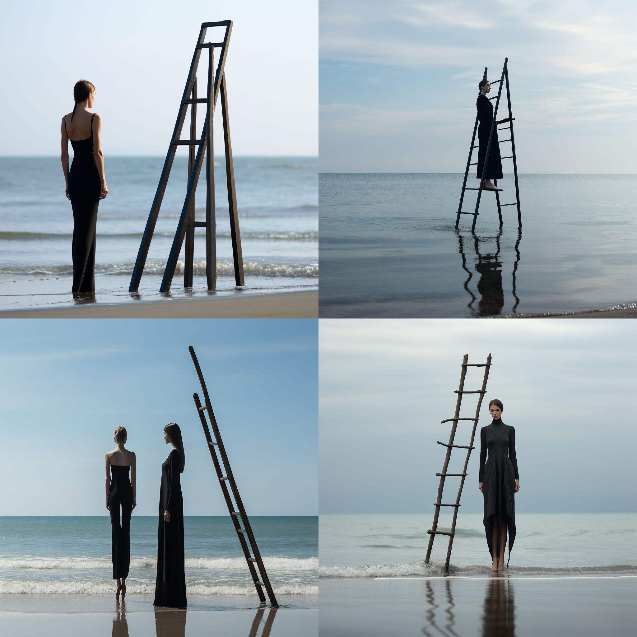 黑裙女子站在海滩上，背景是梯子和水体，沙滩上有一座雕塑。身材如沙漏般纤细，充满了艺术气息。构图对称美观，色调柔和，镜头利用长焦，突出人物与背景的关系。充满神秘感，令人陶醉。