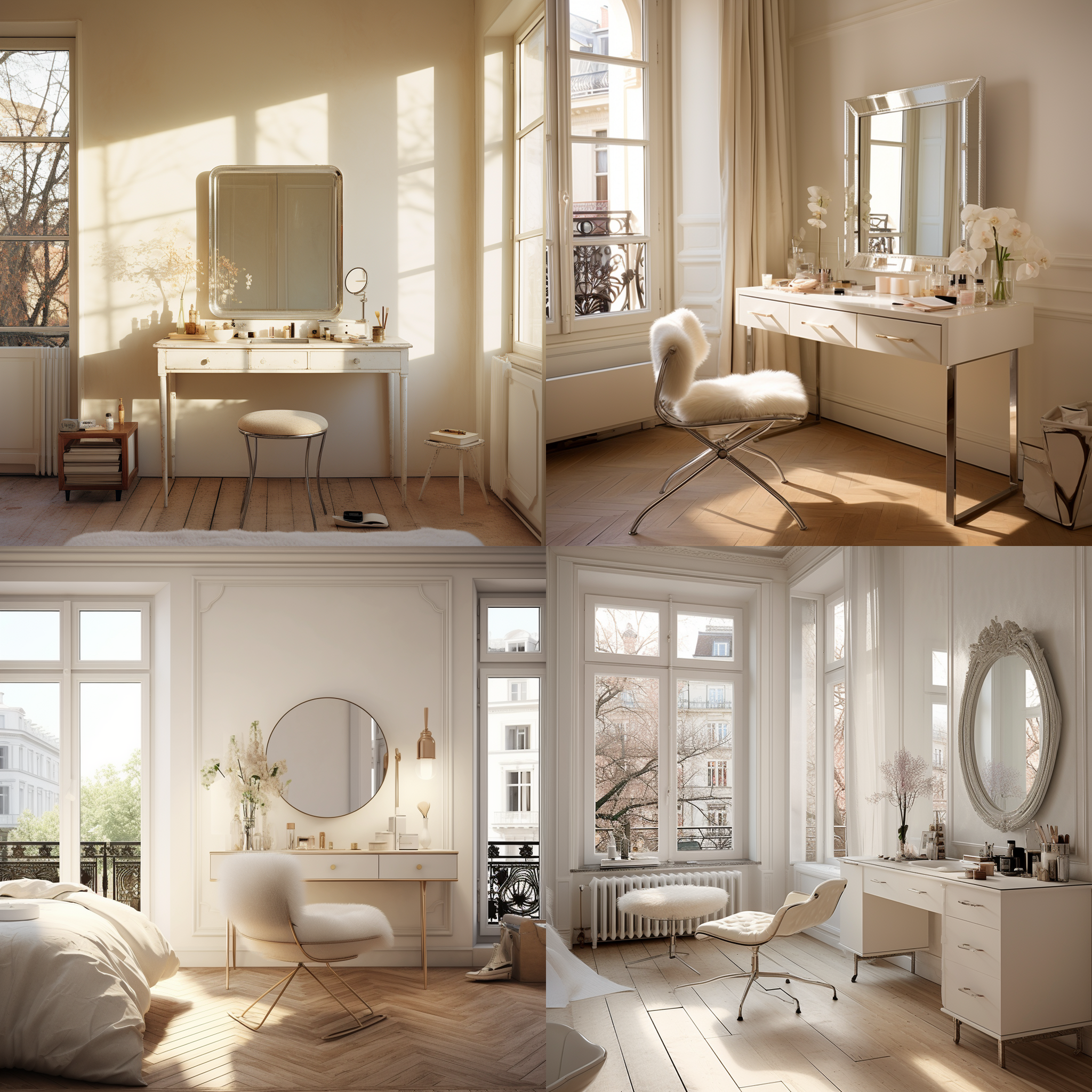 有浮雕白墙的卧室，白色边框落地窗，金属脚的化妆台特写，金属边化妆镜，不要化妆椅，木质地板，自然光，写实，室内环境，静态，细节丰富，温馨，柔和色调，舒适。
