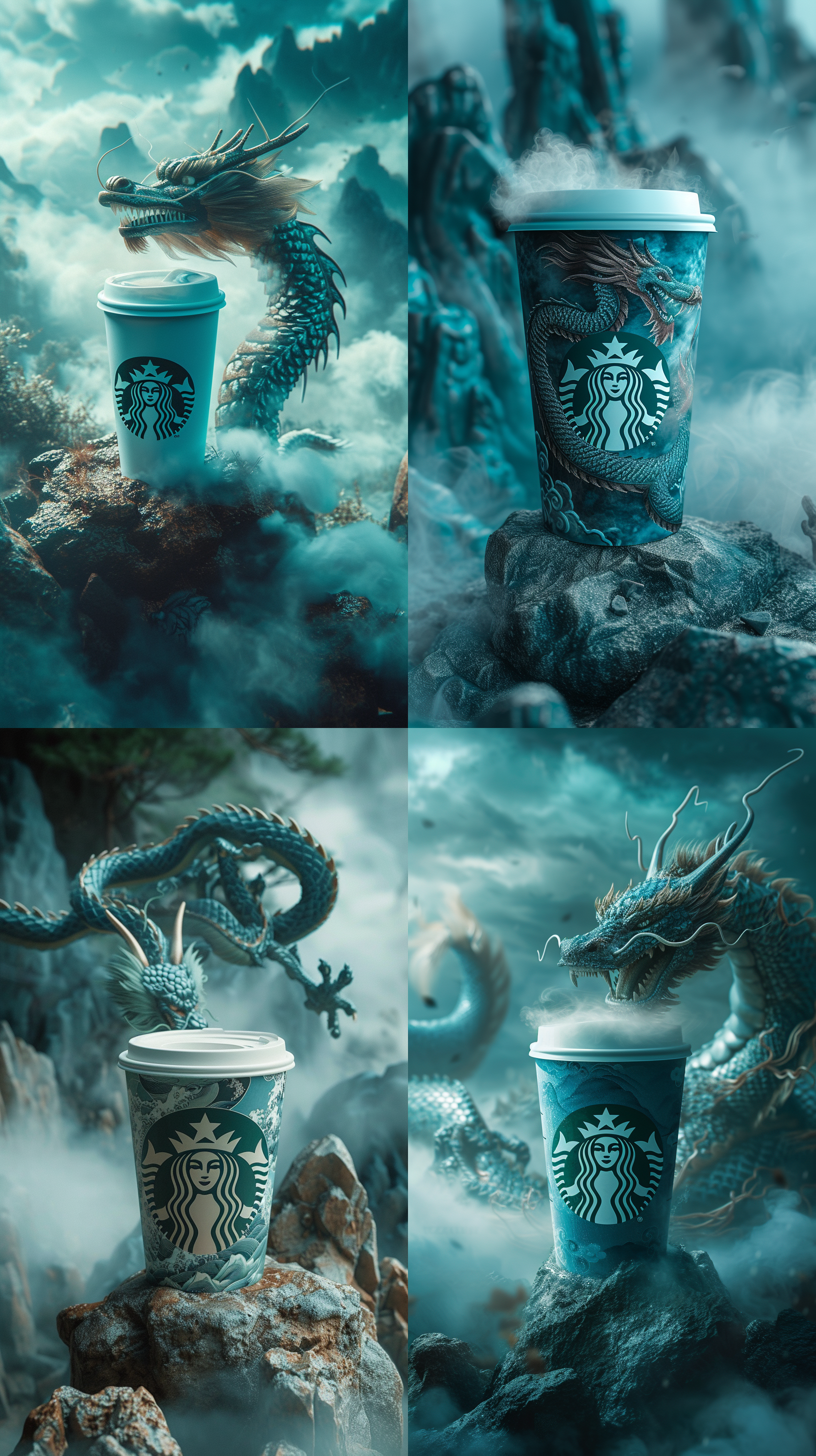 星巴克杯子放在岩石上，云雾缭绕，青色中国龙宏伟壮观，盘旋在杯口处，c4d渲染技术，逼真细节，云海背景，广角镜头，柔和光线，突出星巴克杯子。
