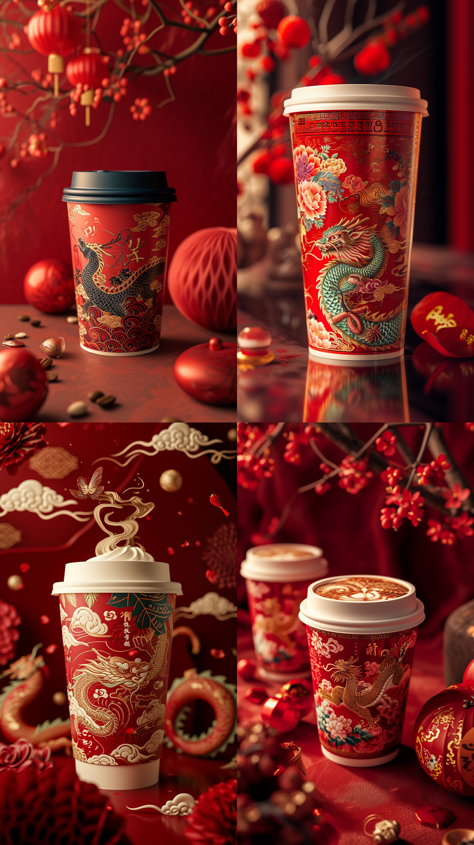咖啡杯子，中国风对称构图，红色主调背景，麒麟出没，细节丰富的包装设计，龙年新春传统元素。柔光静态场景，广角镜头突出咖啡杯子优雅美感，逼真细节，c4d渲染