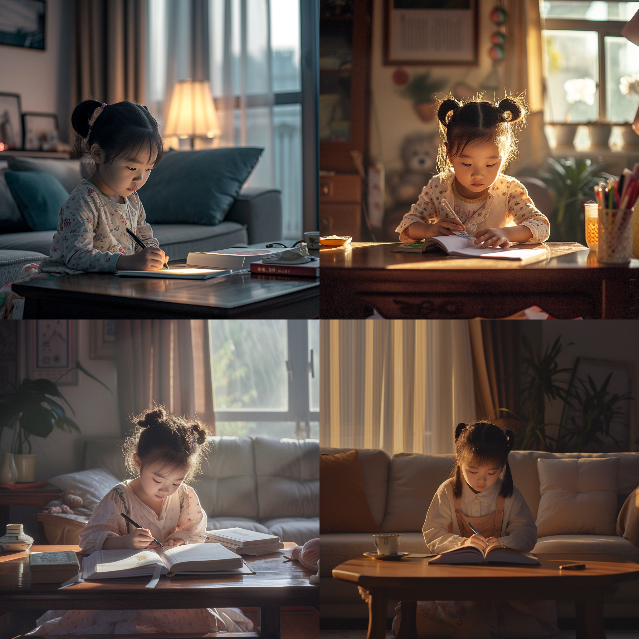 一个中国6岁非常可爱的小女孩，扎着两个马尾辫，坐在客厅的茶几上写作业，柔和的光线