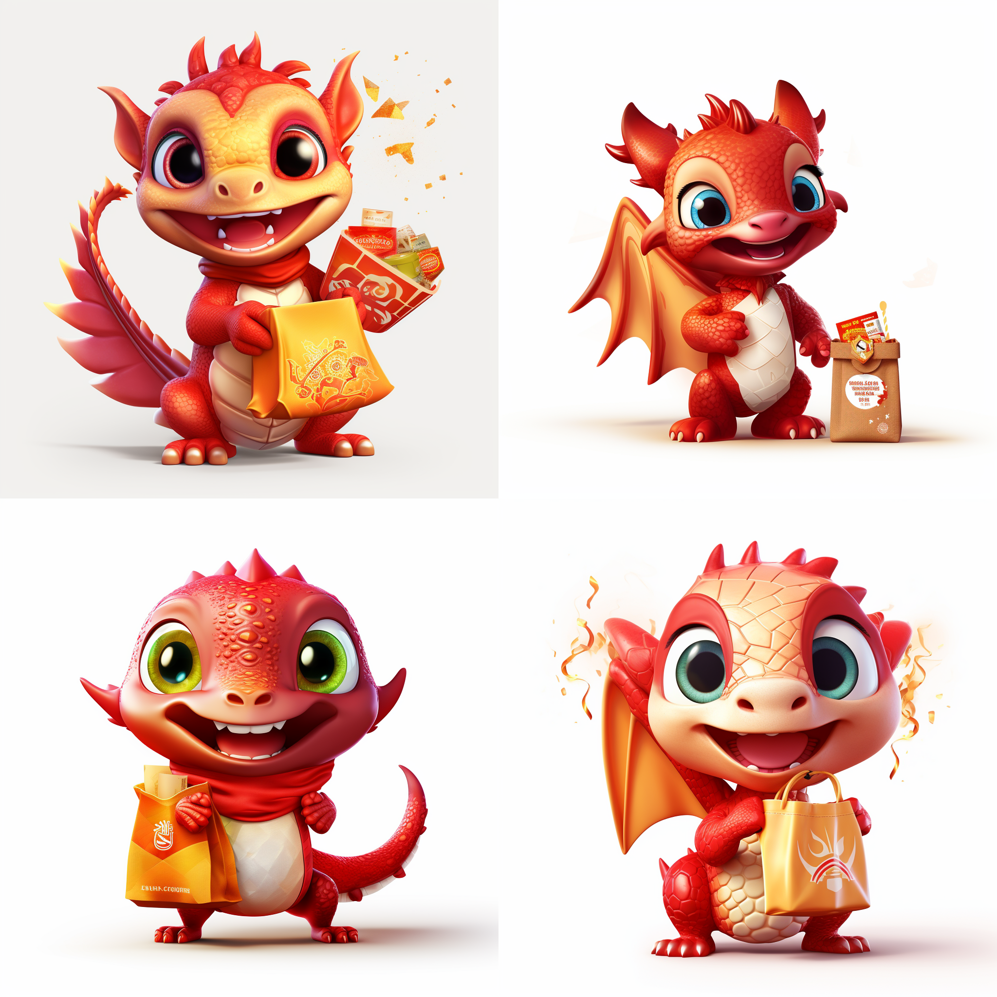 可爱小龙表情包，春节服装，红色皮肤，拟人化风格，多方位表情，红包，喜庆，新年，灯笼，吃饺子，放鞭炮，烟花，白色背景，wnwnmemo风格